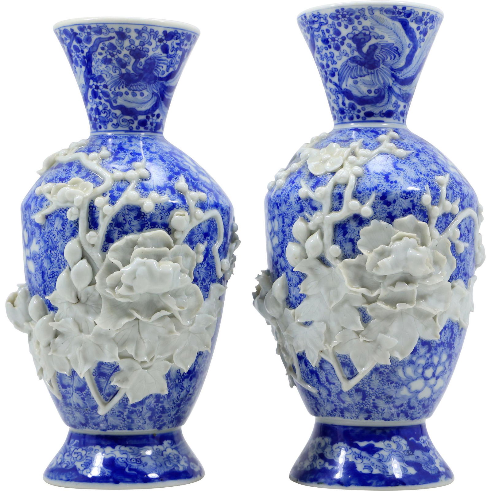 Exquisite 19th C. Chinese Signed Blue and White Vases with Applied White Floral Decoration (1 of 18)