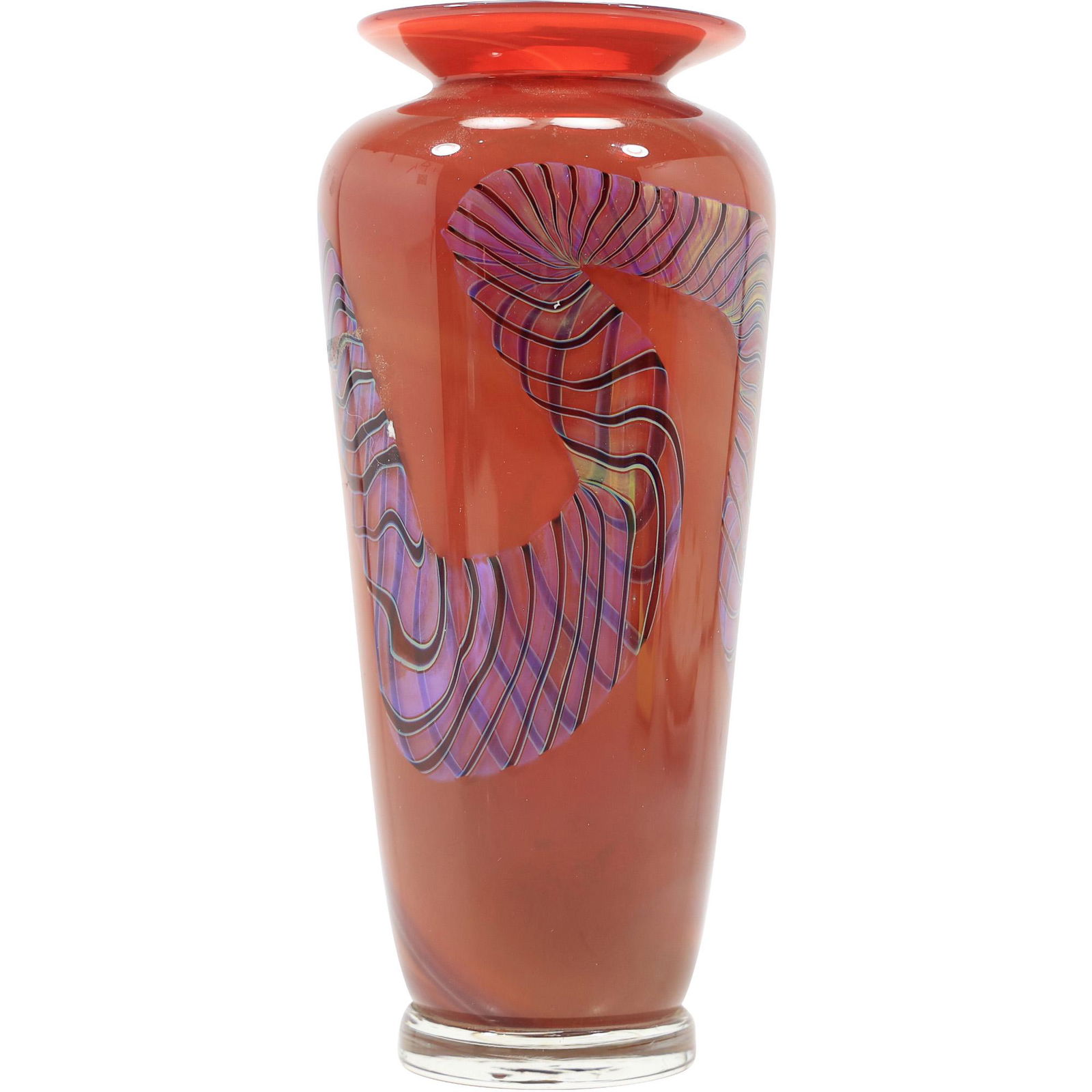 Signed Studio Art Glass Red Vase with Abstract Accent Design (1 of 16)