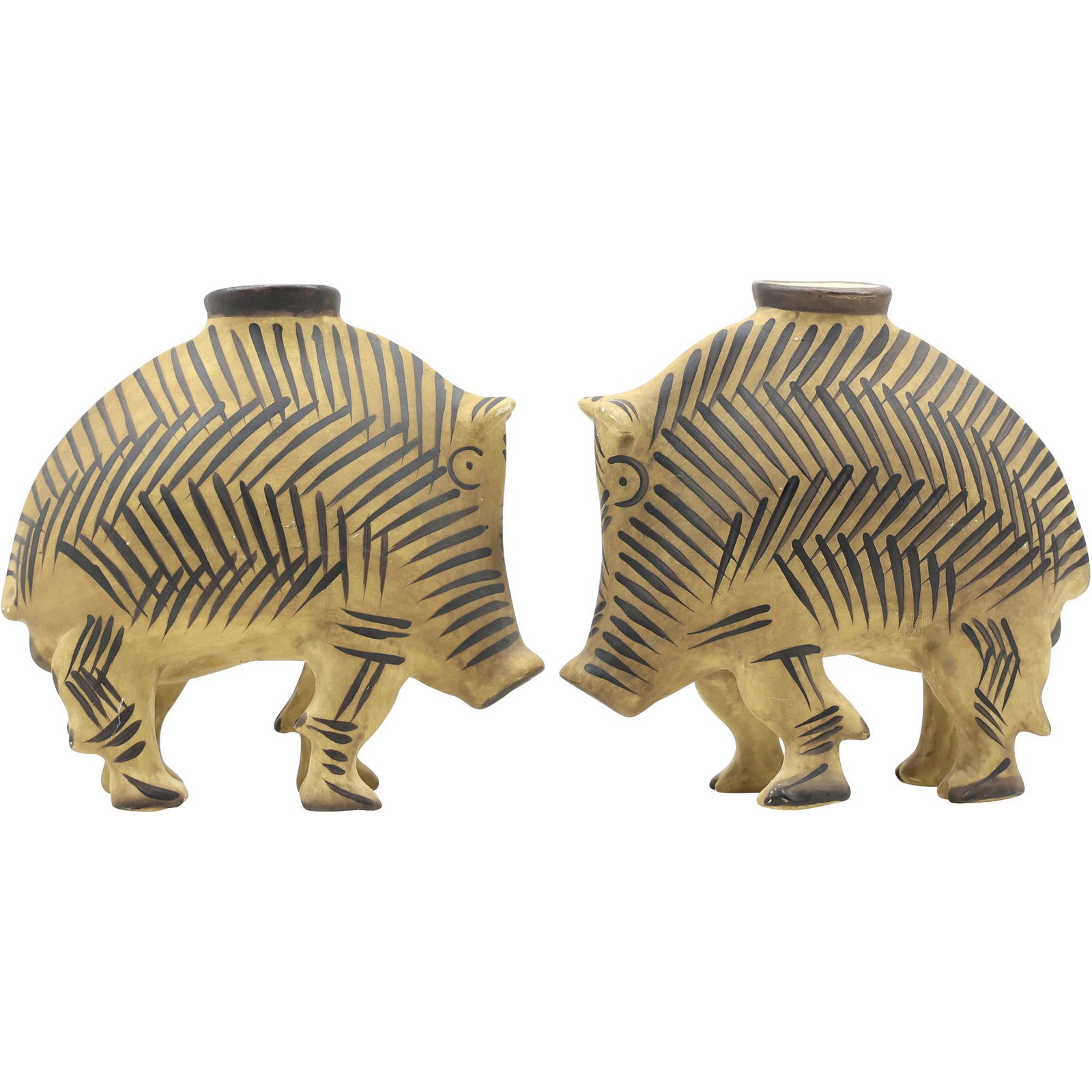 2 Signed MMA Art Pottery Metropolitan Museum of Art WID BOAR Candle Holders: 2 Signed MMA Art Pottery Metropolitan Museum of Art WID BOAR Candle Holders. size: 6.25h 10.5w