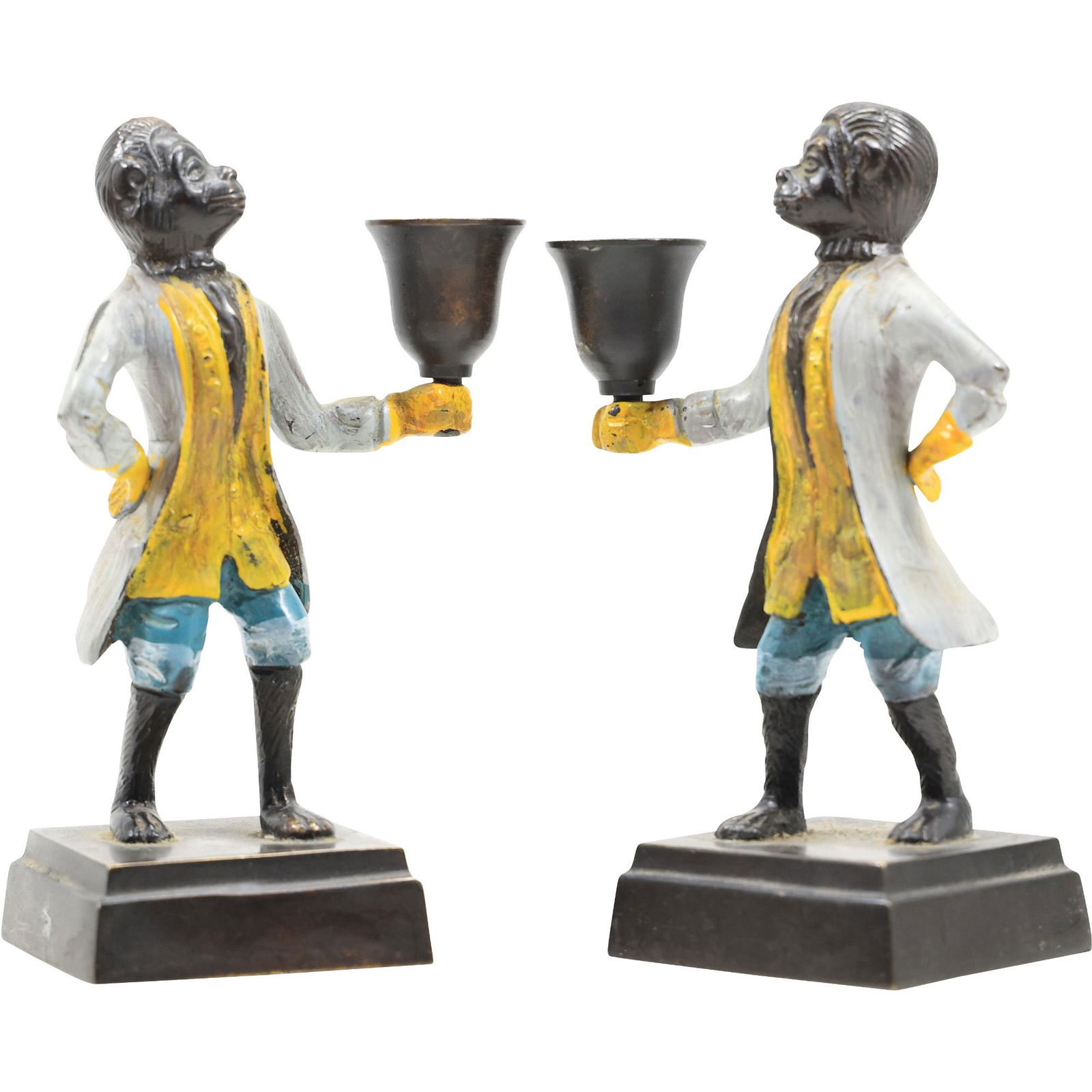 [2] Bronze Whimsical Jacket Dress Monkey Figure Candlesticks - Good Patina (1 of 12)