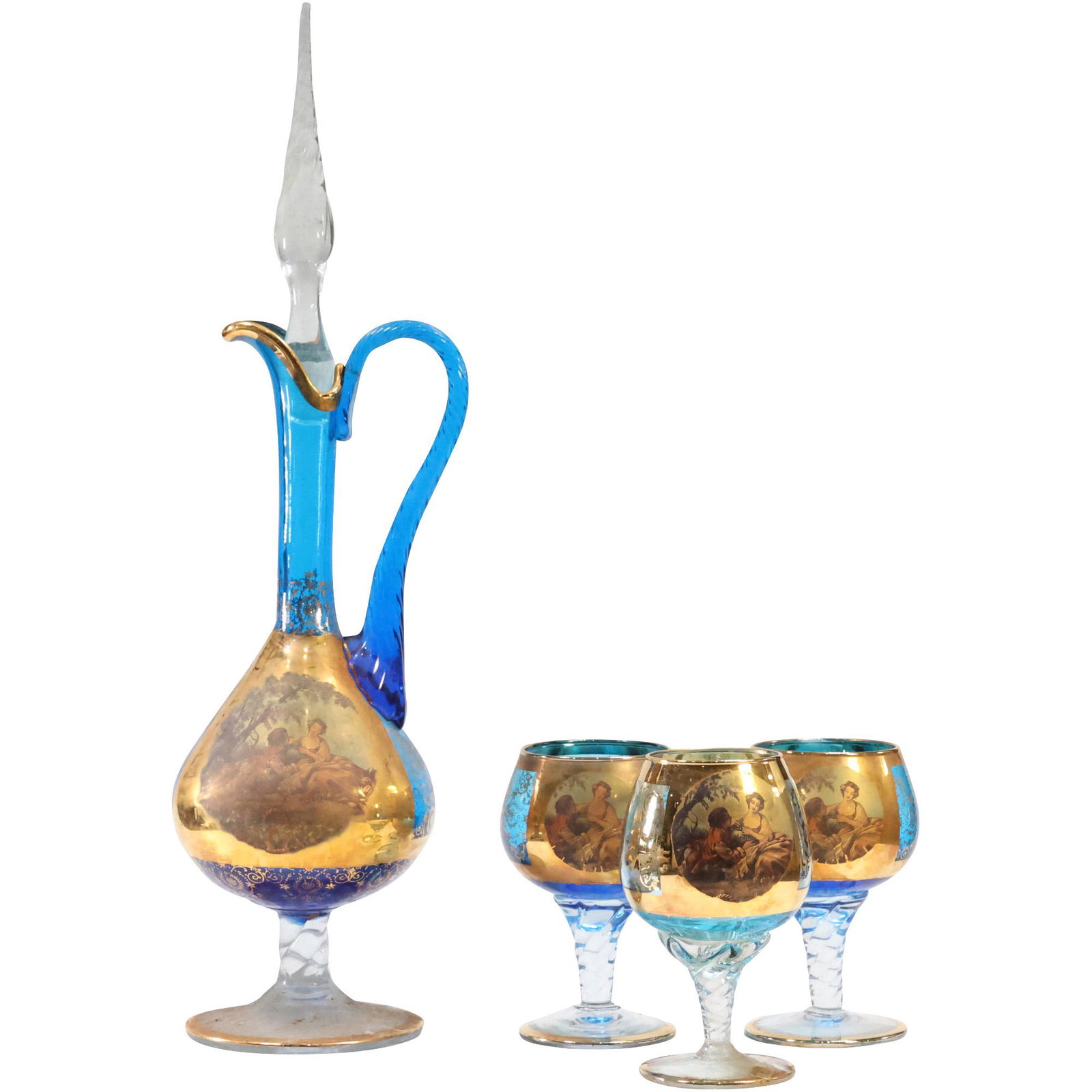Italian Blue Glass Decanter with 3 Cordial Glasses Heavy Gold Decoration: Italian Blue Glass Decanter with 3 Cordial Glasses Heavy Gold Decoration. size: 1x cup (5.25 x 2.75), 2x cups (5 x 2.75), decanter (17.5 x 4)