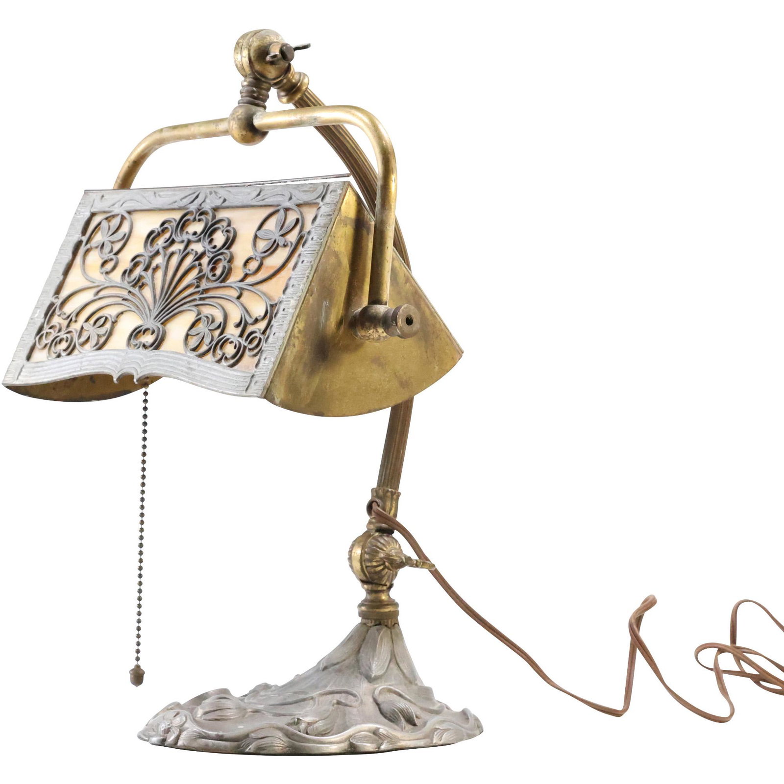 Antique Art Nouveau Desk Lamp with Overlay Slag Glass Shade: Antique Art Nouveau Desk Lamp with Overlay Slag Glass Shade. size: 14.5 x 8.5
