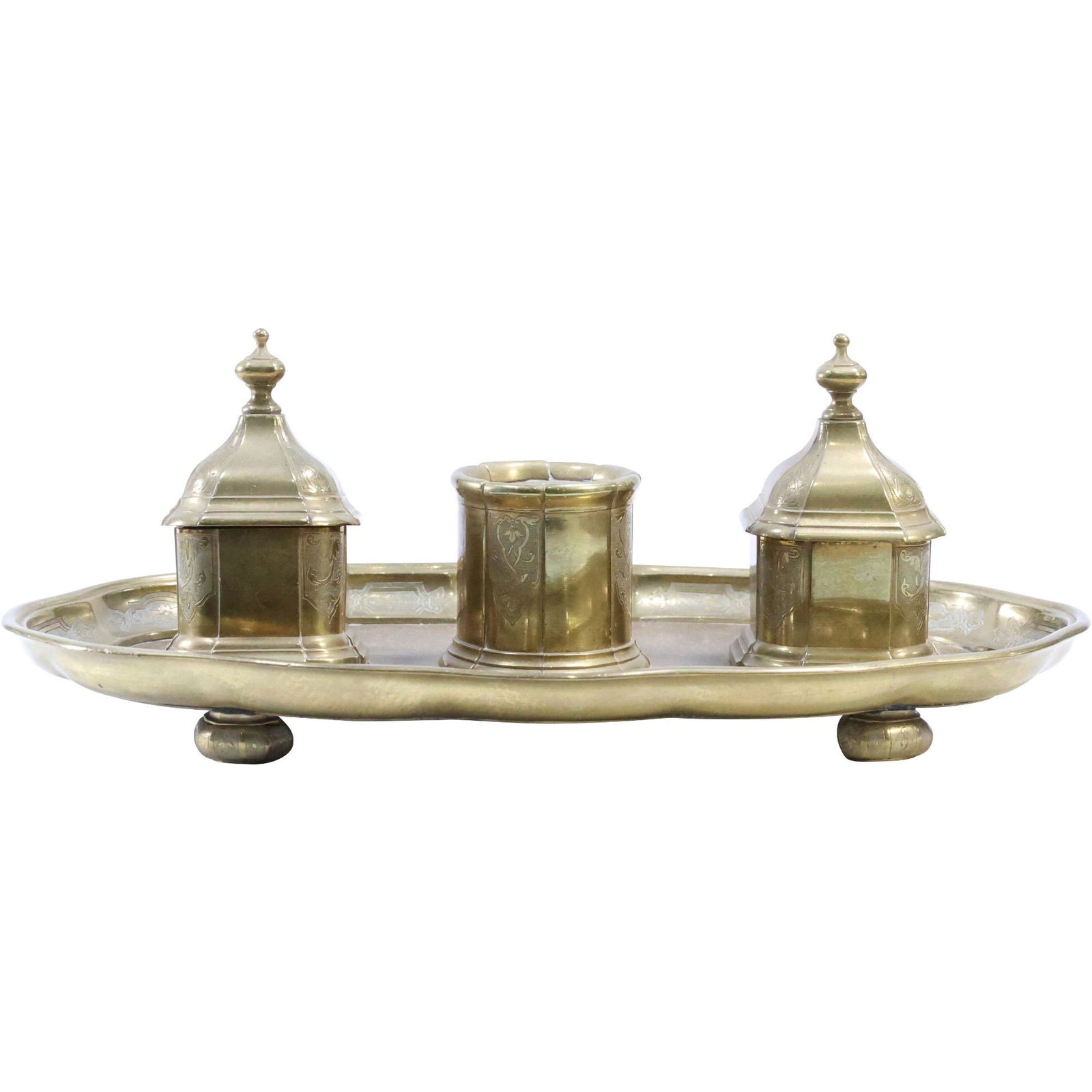 19th C. Continental Bronze Desk Top Double Inkwell - Nice Quality - Good Patina (1 of 14)