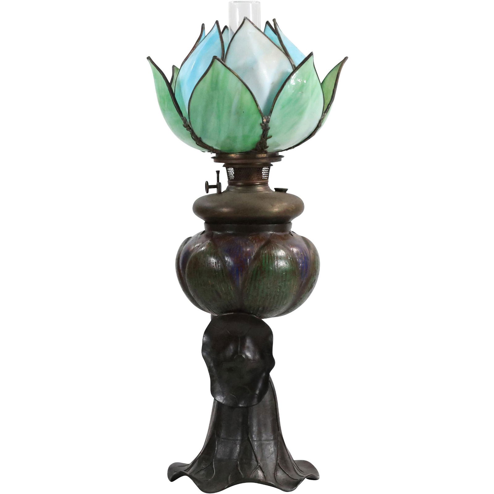 Spectacular BRADLEY & HUBBARD WATER LILY LAMP Bronze Base, Slag Glass Petal Shade (1 of 17)