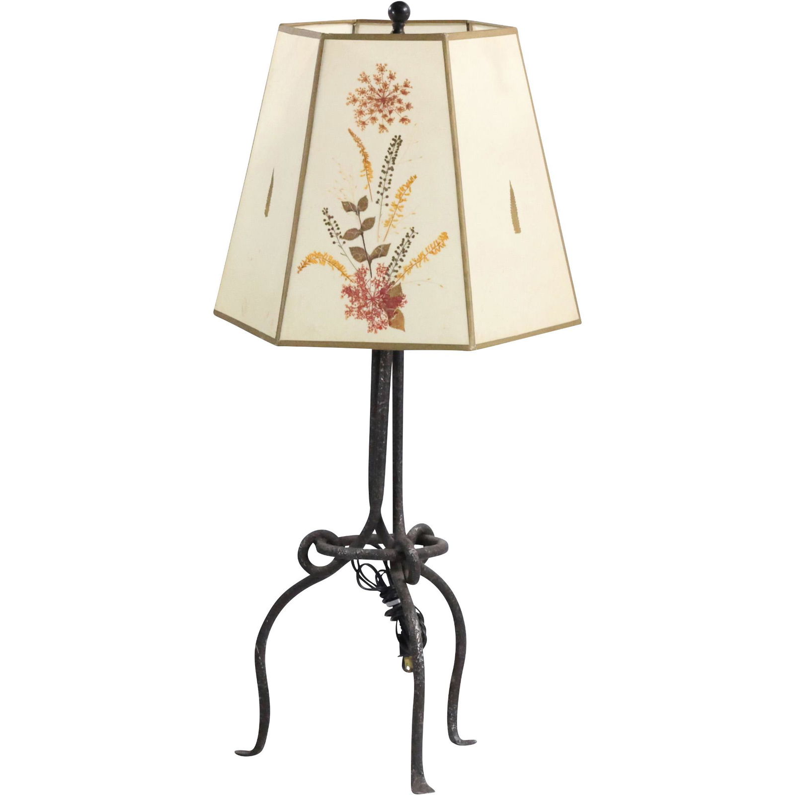 Arts and Crafts Wrought Iron Base Table Lamp, Shade with Dried Flowers, Leaves (1 of 12)