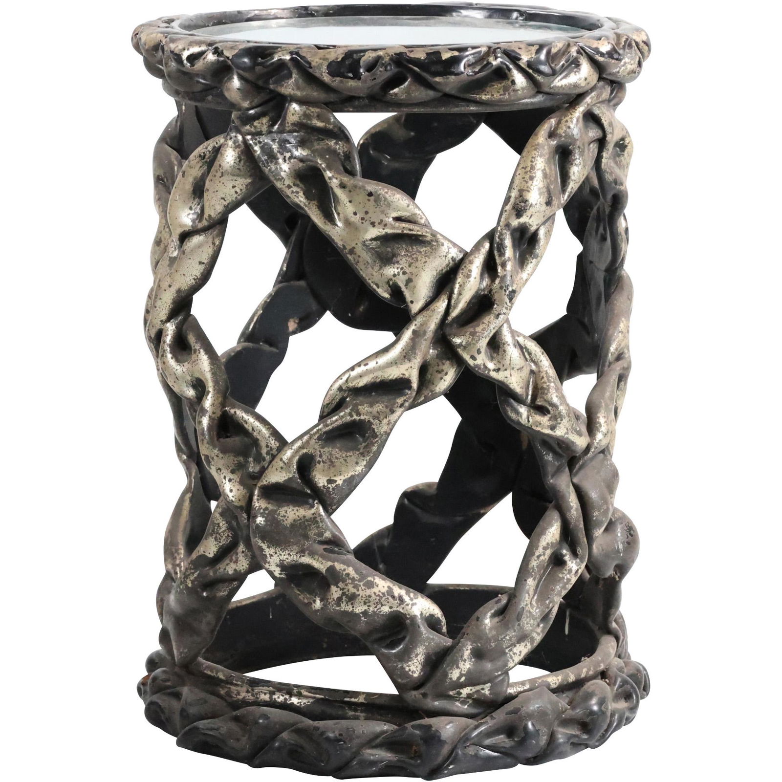 Tony Duquette Style Silvered Drum Table, Glass Top, 1970s (1 of 9)