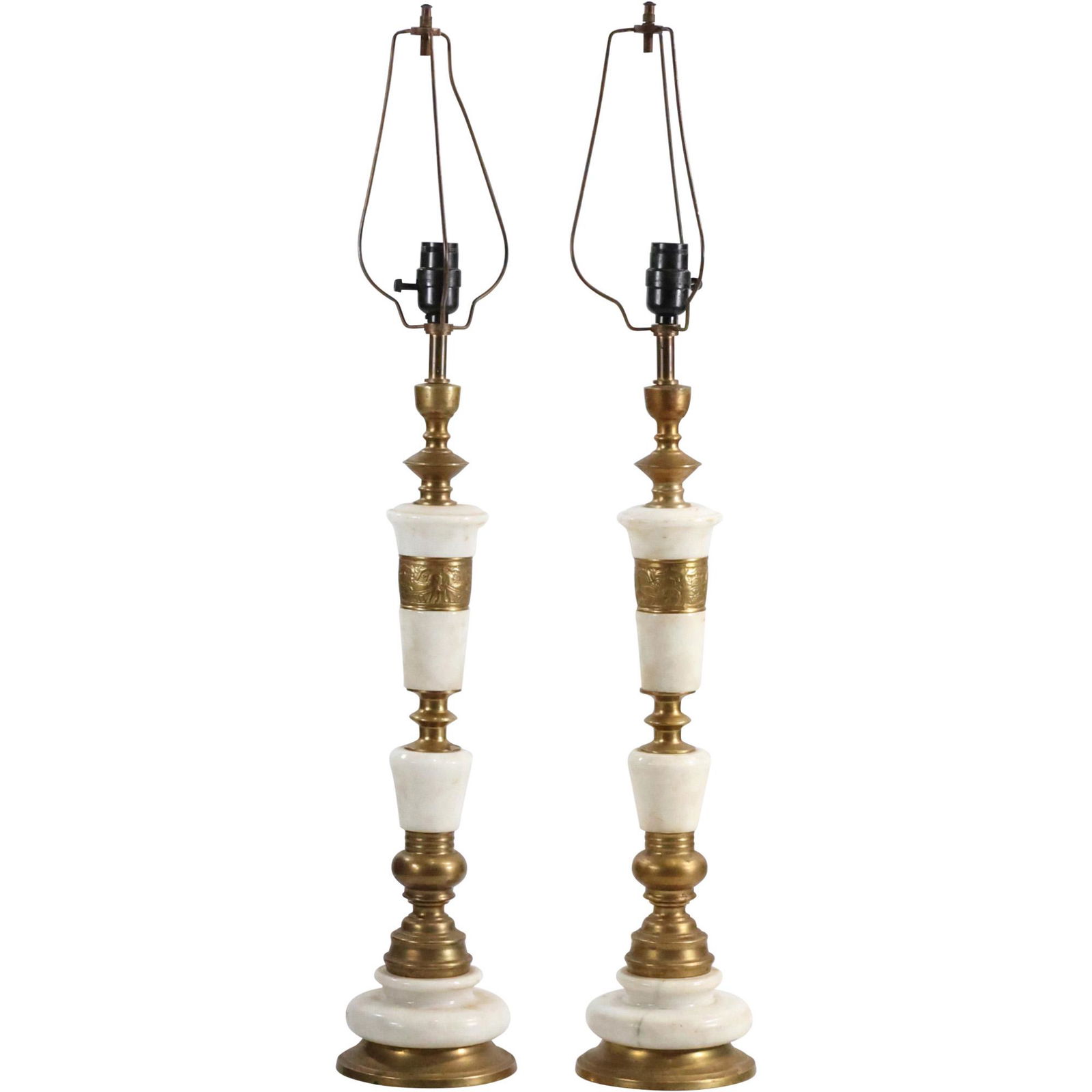 [2] Tall Mid-Century Modern Brass and Onyx Table Lamps English Carriage Motif on Brass Band (1 of 10)
