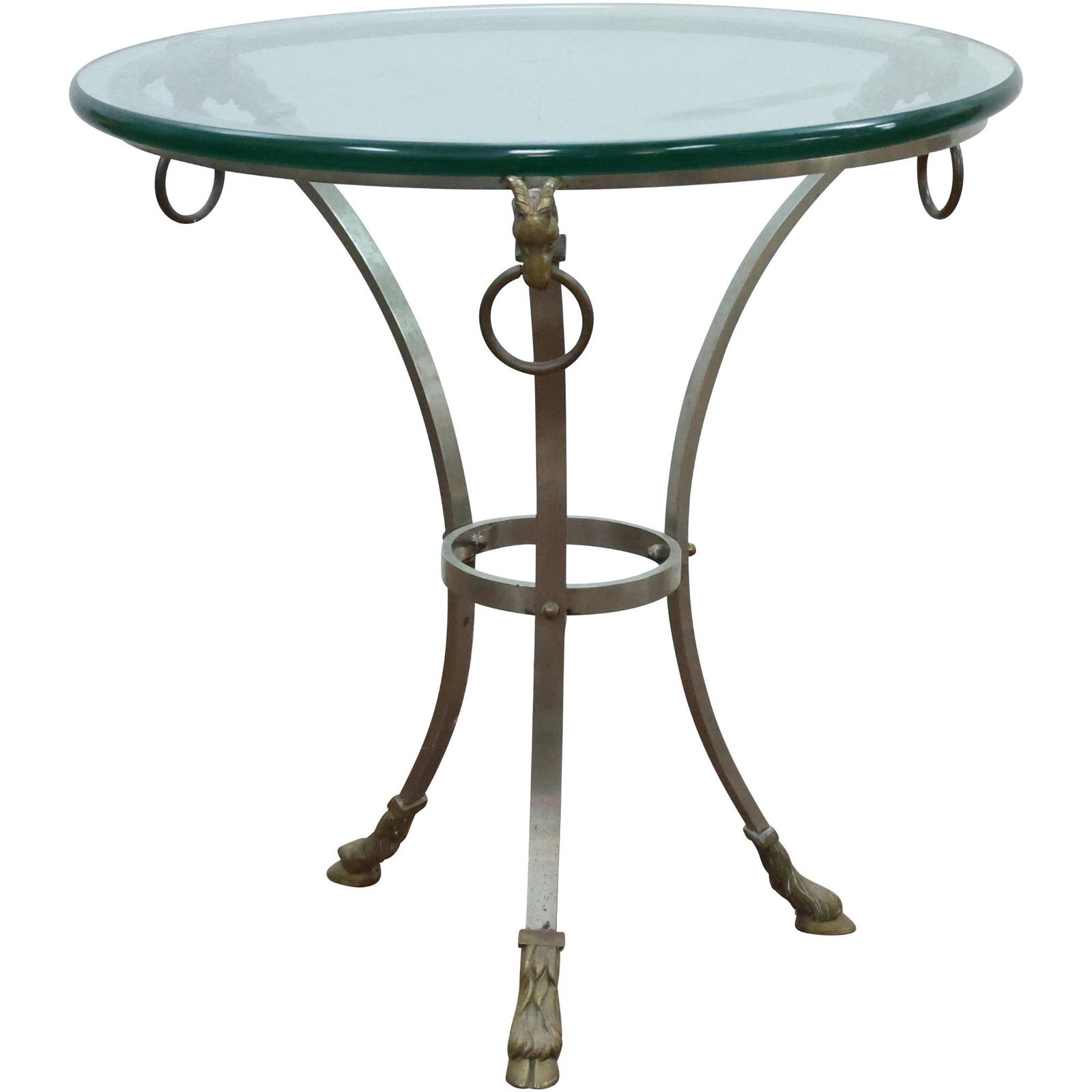 Round Glass Top Bronze and Steel Tripod Table with Ram's Head, Hairy Paw Feet Maison Jansen Style (1 of 8)