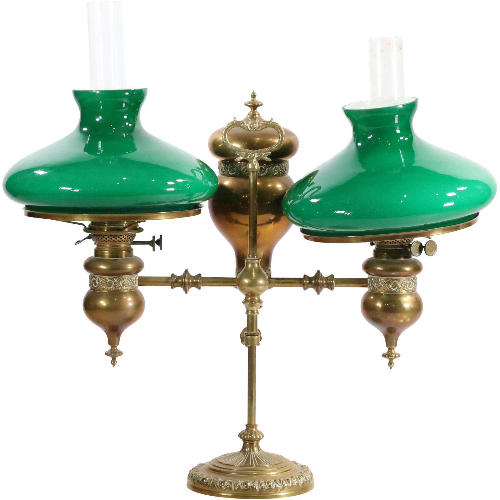 Quality Antique BRASS DOUBLE STUDENT LAMP with Green Cased Glass Shades (1 of 16)