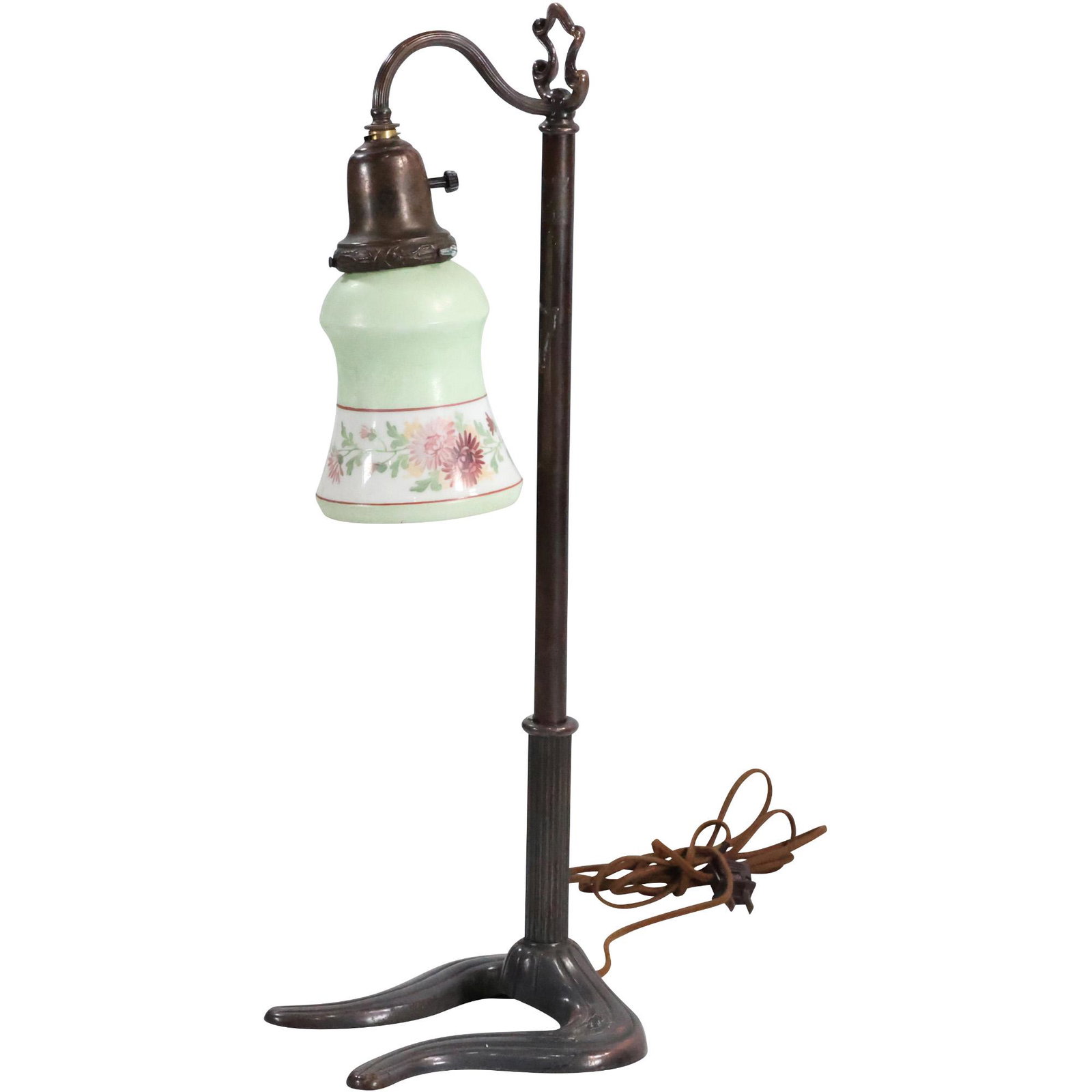 Metal Base Piano Lamp with Hand Painted Glass Shade - Original Patina: Metal Base Piano Lamp with Hand Painted Glass Shade - Original Patina. size: 23 x 6.5
