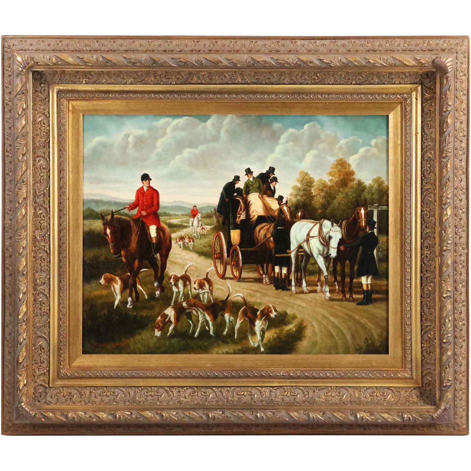 Fine 20th C. Oil on Wood Panel Painting English Hunt Scene with Pack of Hunting Dogs (1 of 12)