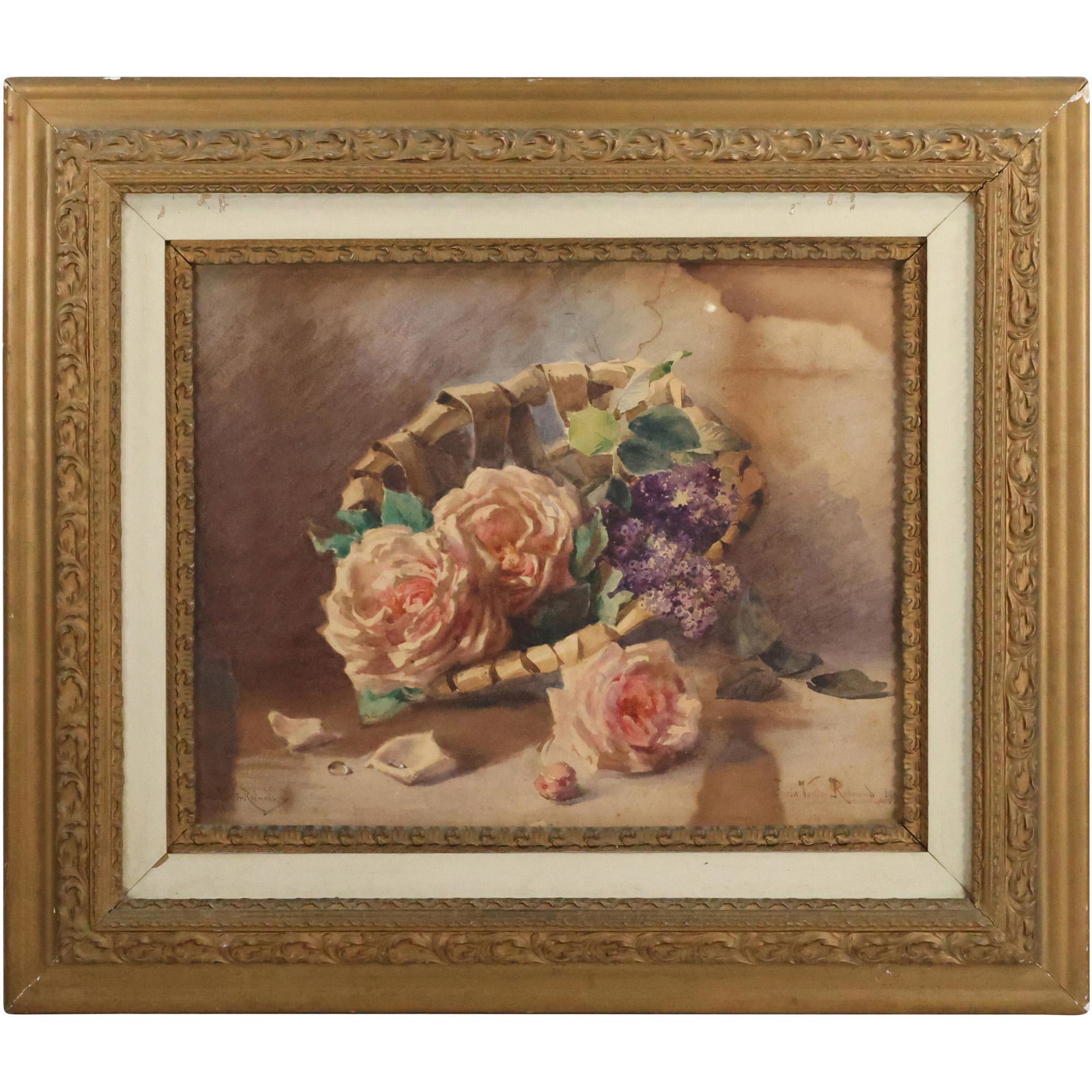 Frieda Voelter Redmond, American, 19th C. Watercolor Painting Basket of Roses Still Life (1 of 9)