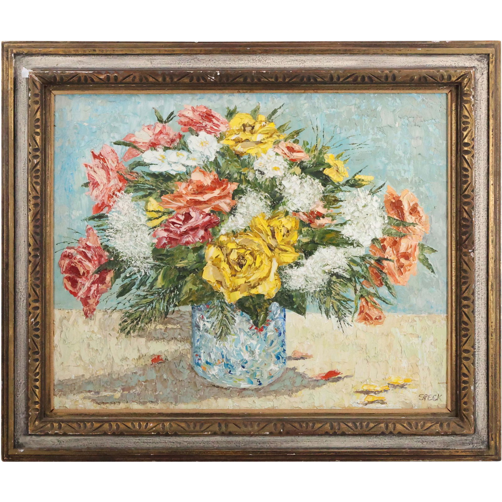 Signed Speck, Quality Impasto Vintage Still Life Flowers Oil on Canvas Painting, Framed (1 of 11)
