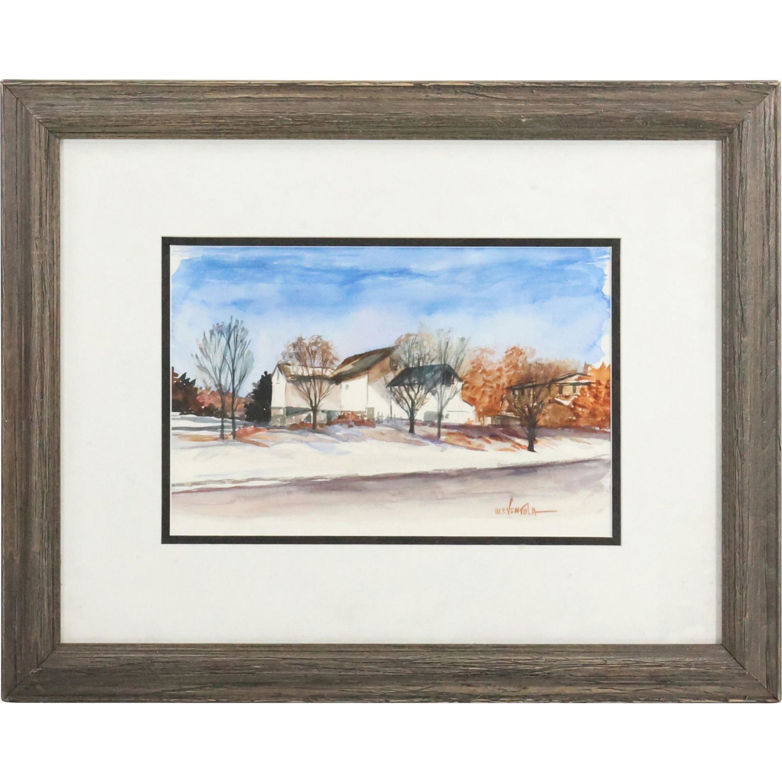 Signed W E VENTOLA, Winter Thaw Countryside Landscape Watercolor Painting (1 of 11)