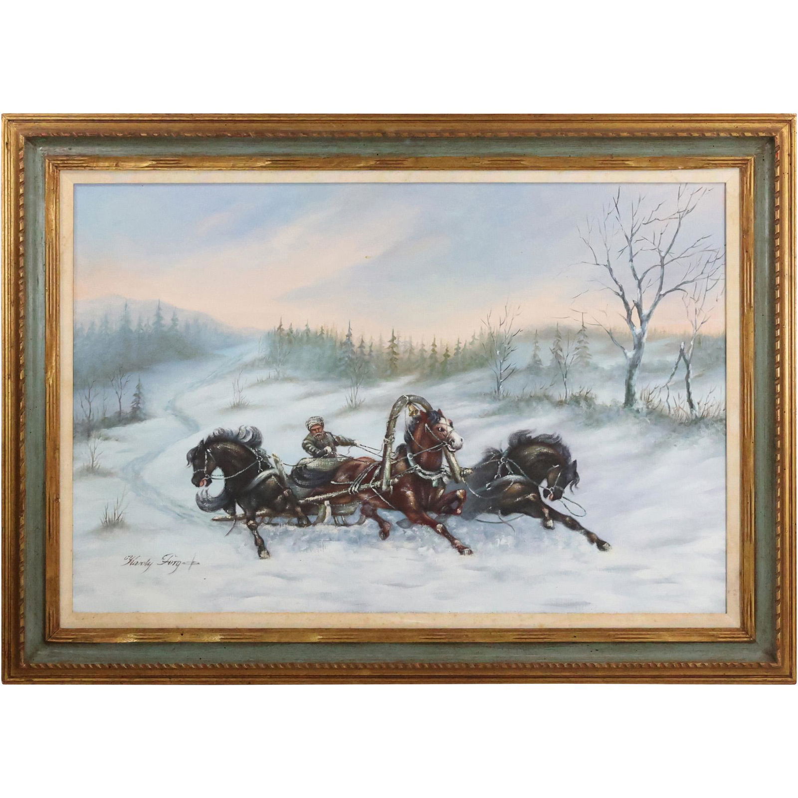 KAROLY FORGO, Russian Vintage Oil on Canvas Painting TROIKA in Winter Landscape (1 of 12)