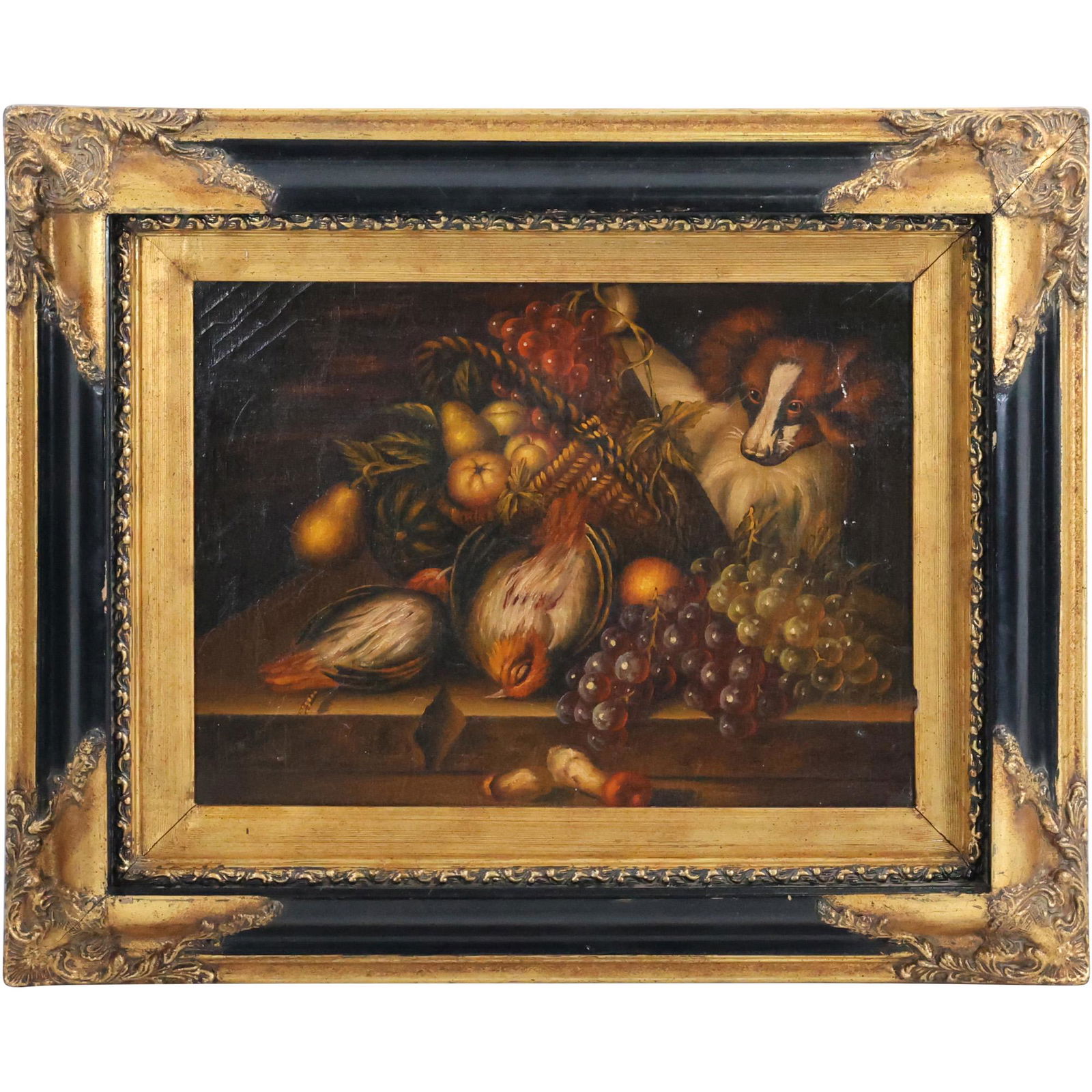 Dutch Still Life Oil on Canvas Painting Fruit, Game Bird, Hunting Dog, Framed (1 of 13)