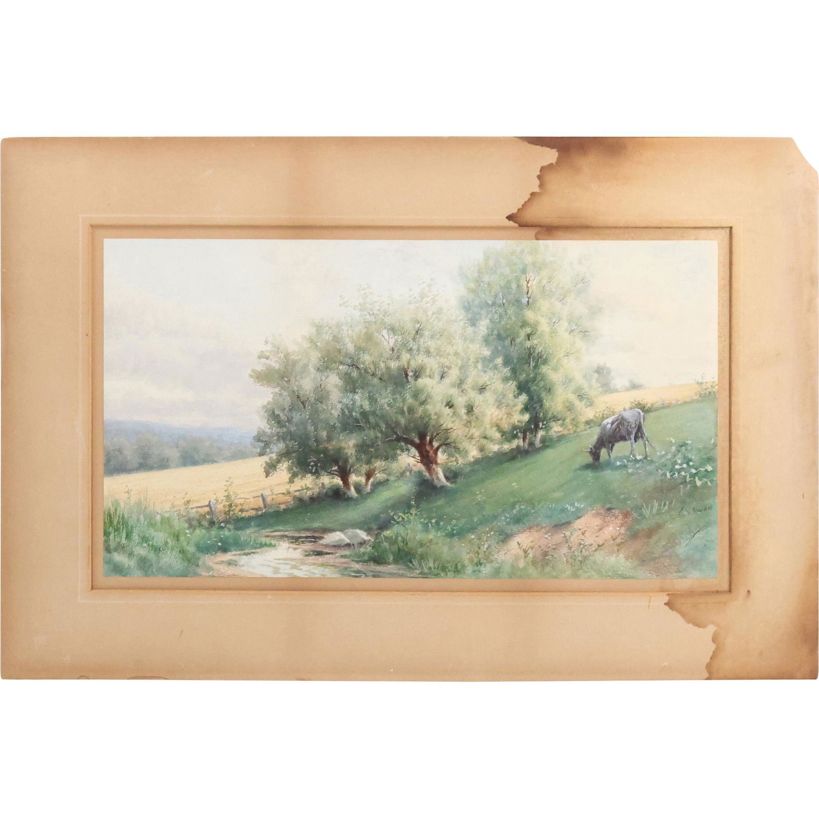 Philip Edward Chillman 1841 - 1915 Watercolor Painting Cow on Countryside Hill Landscape (1 of 11)
