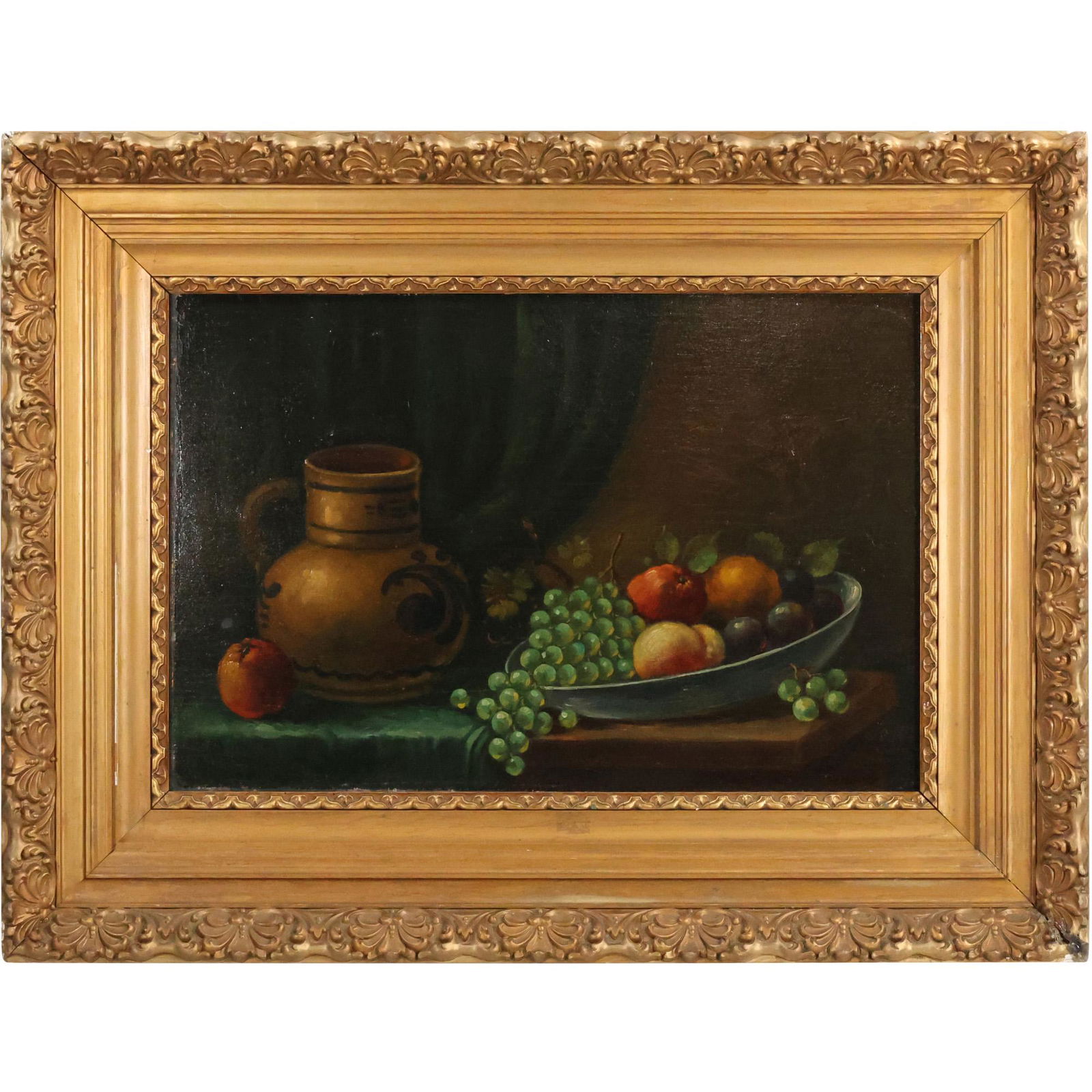 Signed FL, Fine Oil on Board Painting Still Life Bowl of Fruit and Stoneware Pitcher (1 of 12)