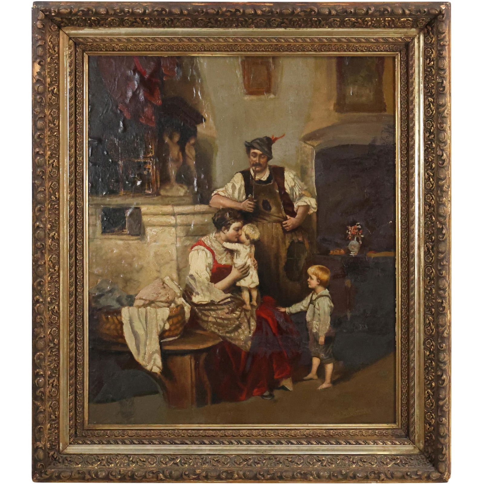Superb Quality 19th Dutch Oil Painting Interior Scene with a Family, Framed (1 of 10)