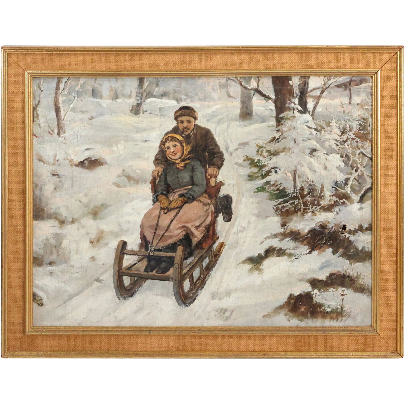 Vintage Russian Oil on Canvas Painting Winter Sled Ride with Figures, Signed (1 of 11)