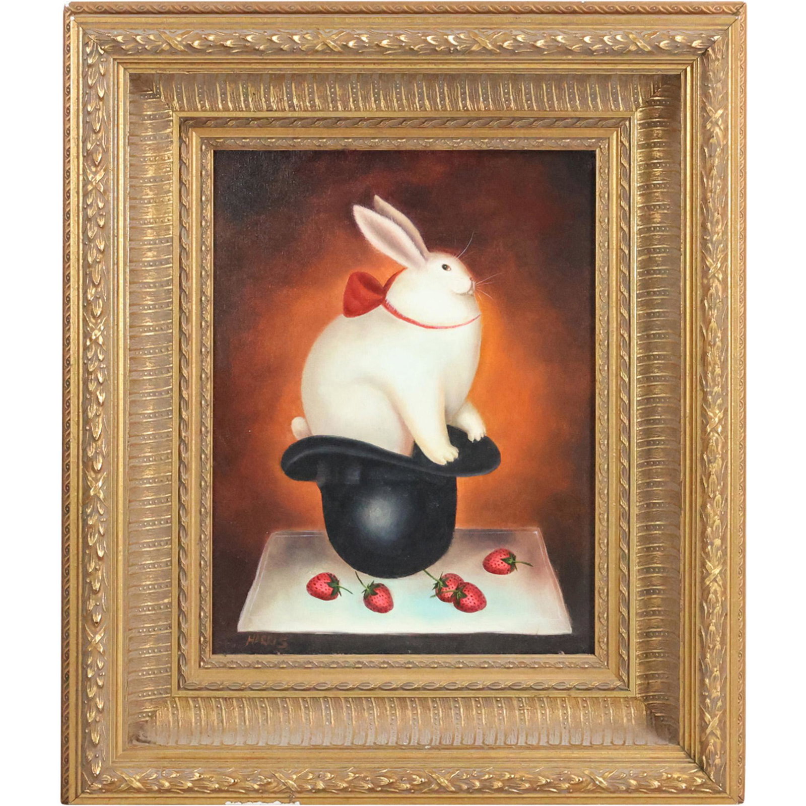 Signed Harris, Fine 20th C. Oil on Canvas Painting RABBIT IN A HAT: Signed Harris, Fine 20th C. Oil on Canvas Painting RABBIT IN A HAT. size: 16 x 12, 24.5 x 20.5 outside frame