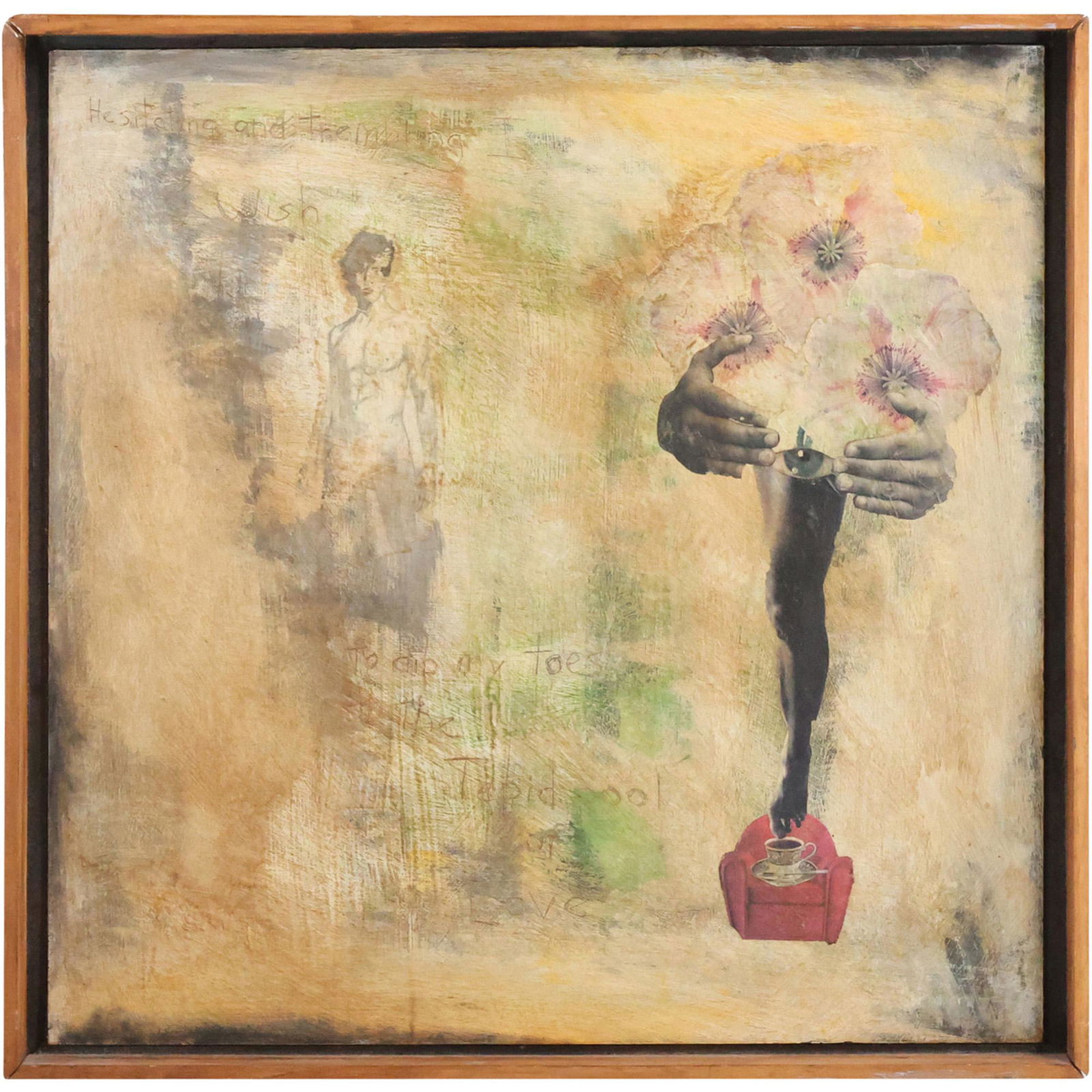 Modernism Mixed Media Collage with Surrealist Woman Figure: Modernism Mixed Media Collage with Surrealist Woman Figure. size: 25.5 x 25.75 outside frame