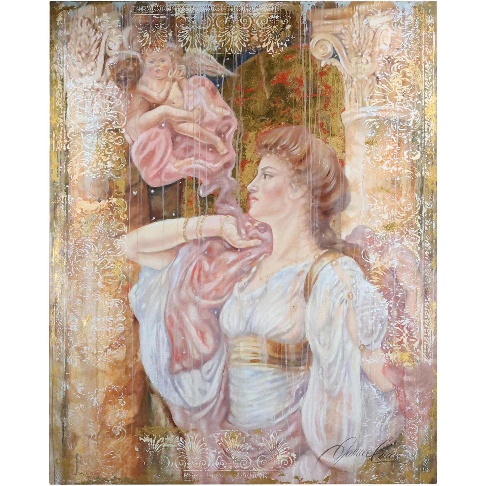 Janice Cua, Large Oil on Canvas Painting Renaissance Woman with Angel: Janice Cua, Large Oil on Canvas Painting Renaissance Woman with Angel. size: 60 x 48