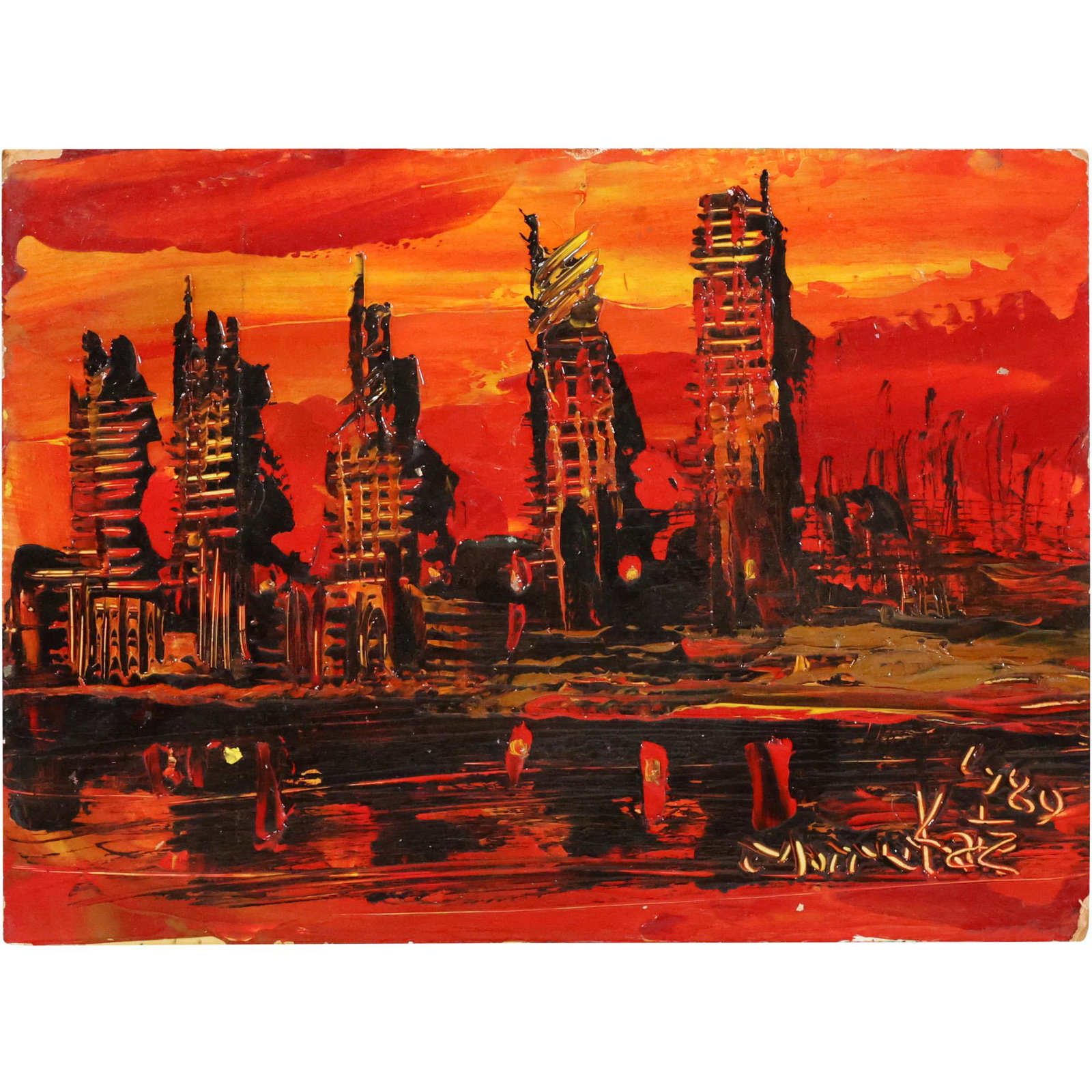 Morris Katz, Jewish American, Acrylic on Board Cityscape in Fiery Red Background: Morris Katz, Jewish American, Acrylic on Board painting Cityscape in Fiery Red Background. Well Listed Artist. size: 12 x 16. ASKart: Morris Katz (born Moshe Katz on March 5, 1932 in Galicia, Poland, 