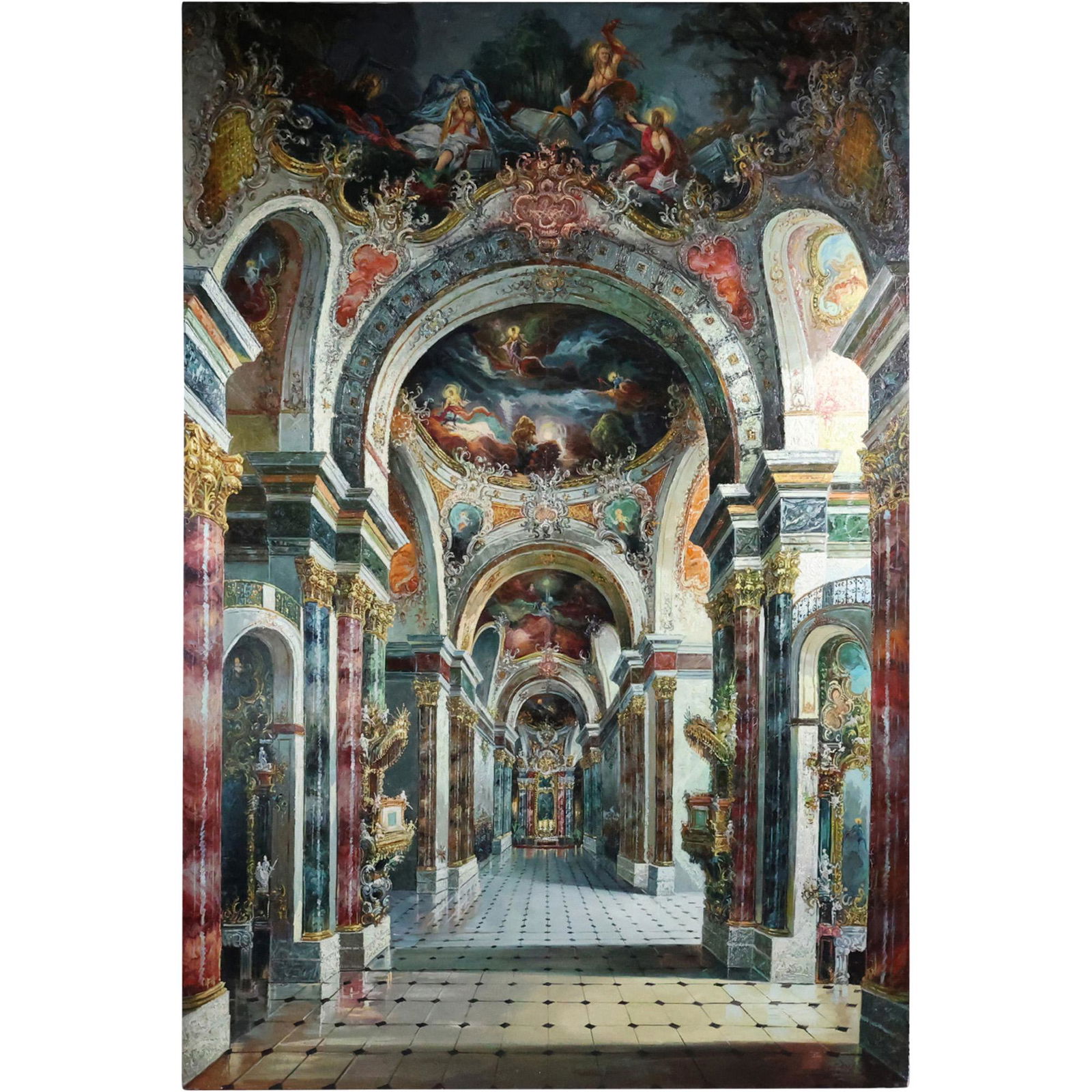 Stunning Large Oil on Canvas Painting Interior Cathedral Archway Architecture (1 of 20)