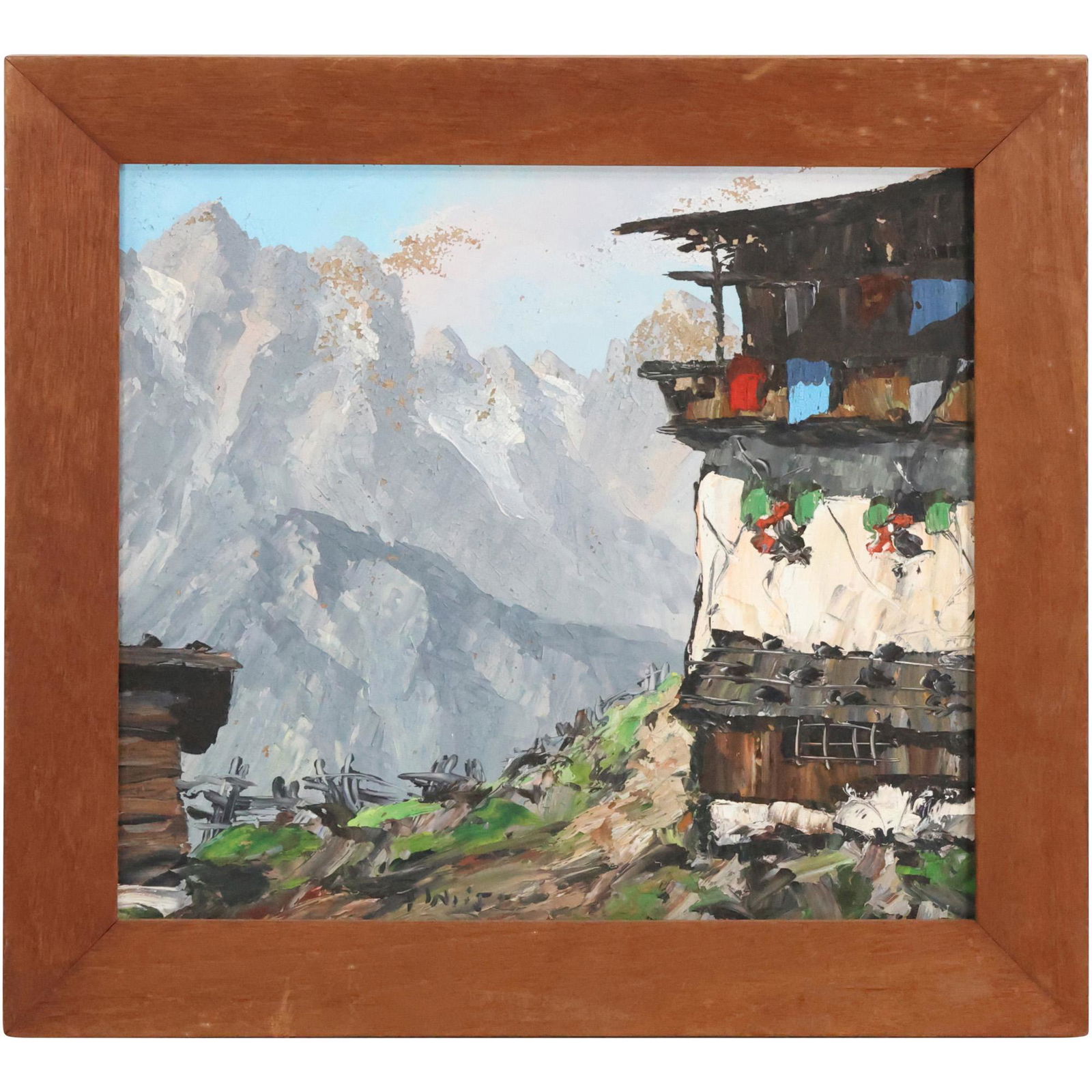 Vintage Oil on Board Painting Swiss Chalet Mountainous Landscape, Signed (1 of 12)