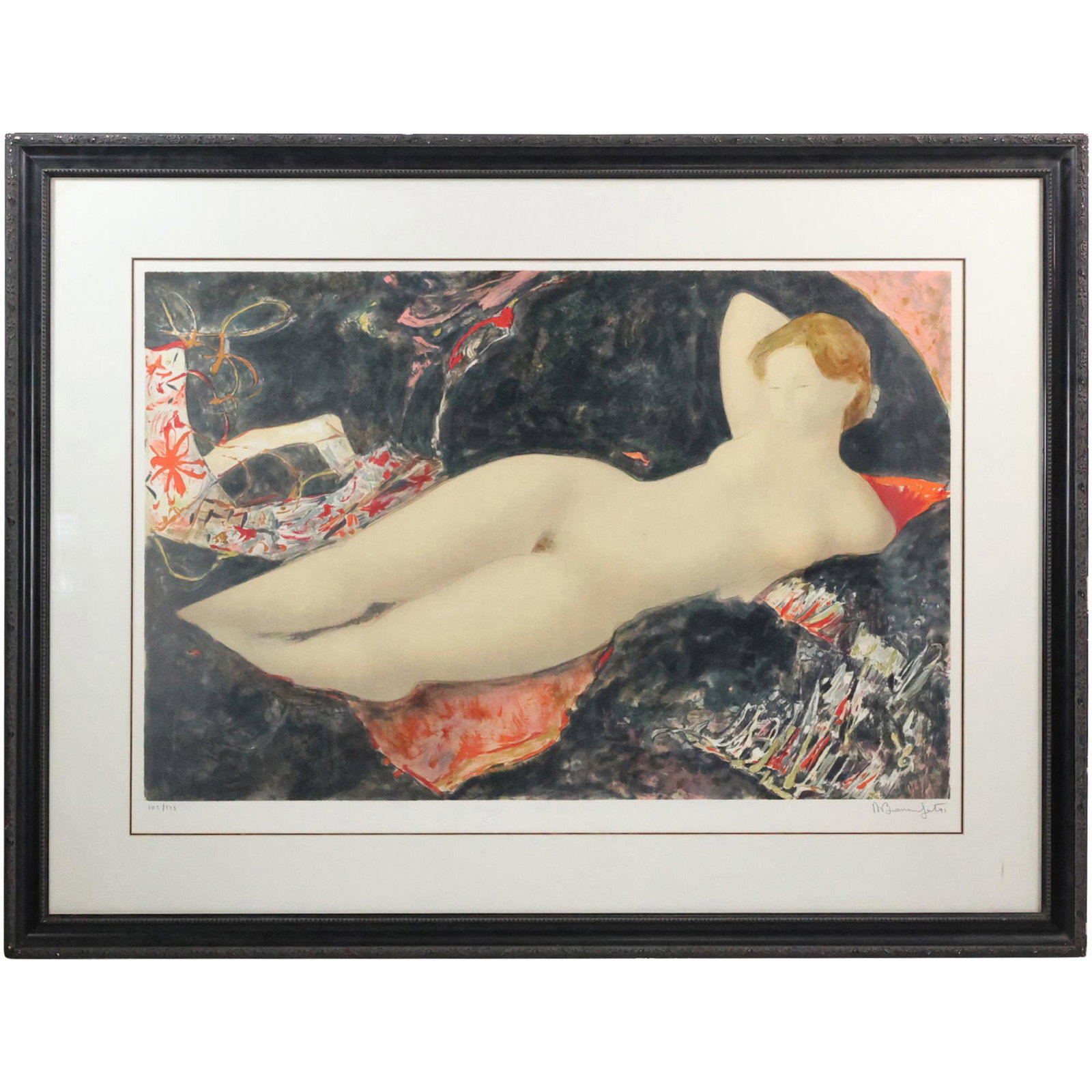 Signed and Numbered Reclining Nude Lithograph Framed: Signed and Numbered Reclining Nude Lithograph Framed. size: 27 x 38.75 matte, 38.5 x 50.5 outside frame