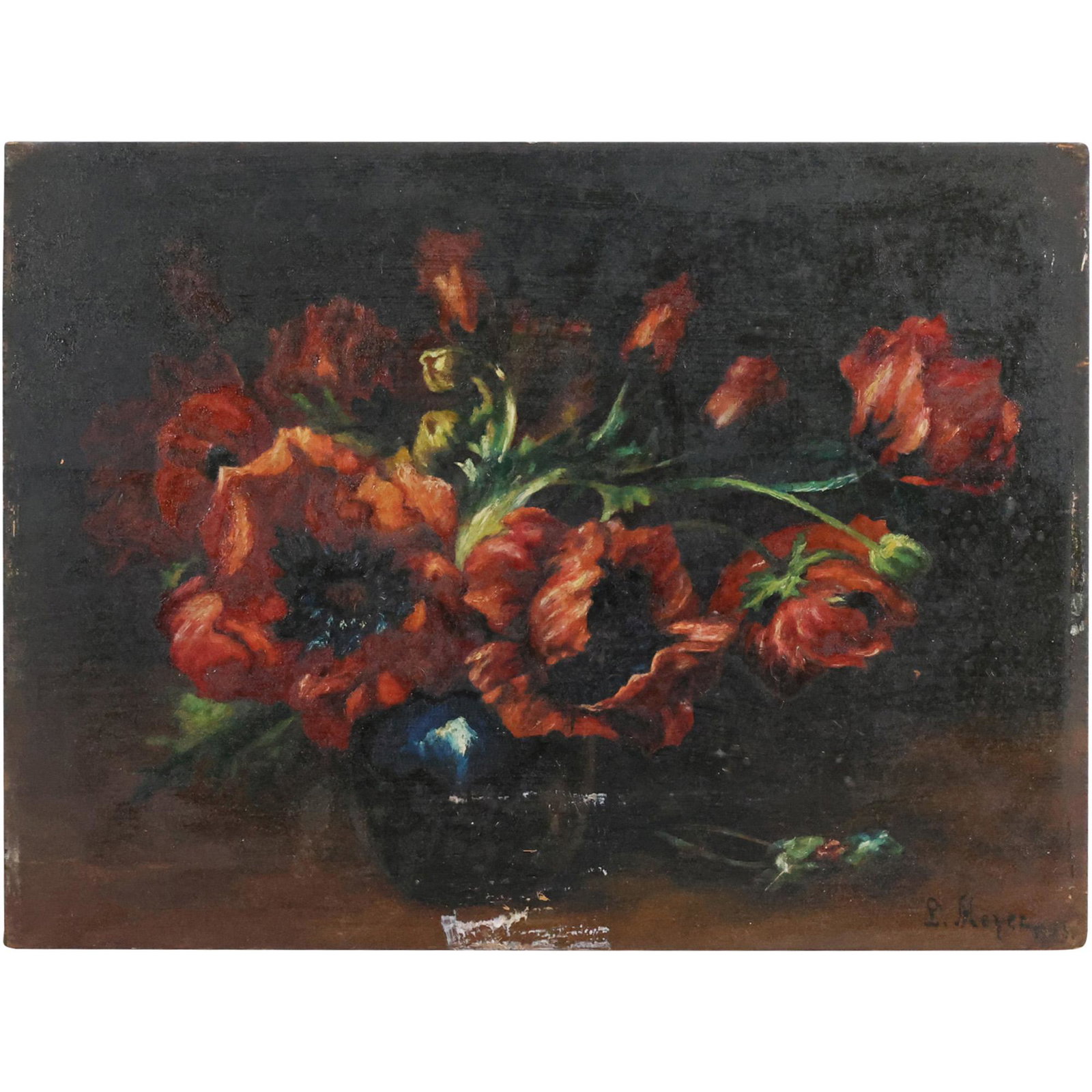 P Meyer, Vintage Oil on Board Painting Flowers in Vase: P Meyer, Vintage Oil on Board Painting Flowers in Vase. size: 10.25 x 13.75