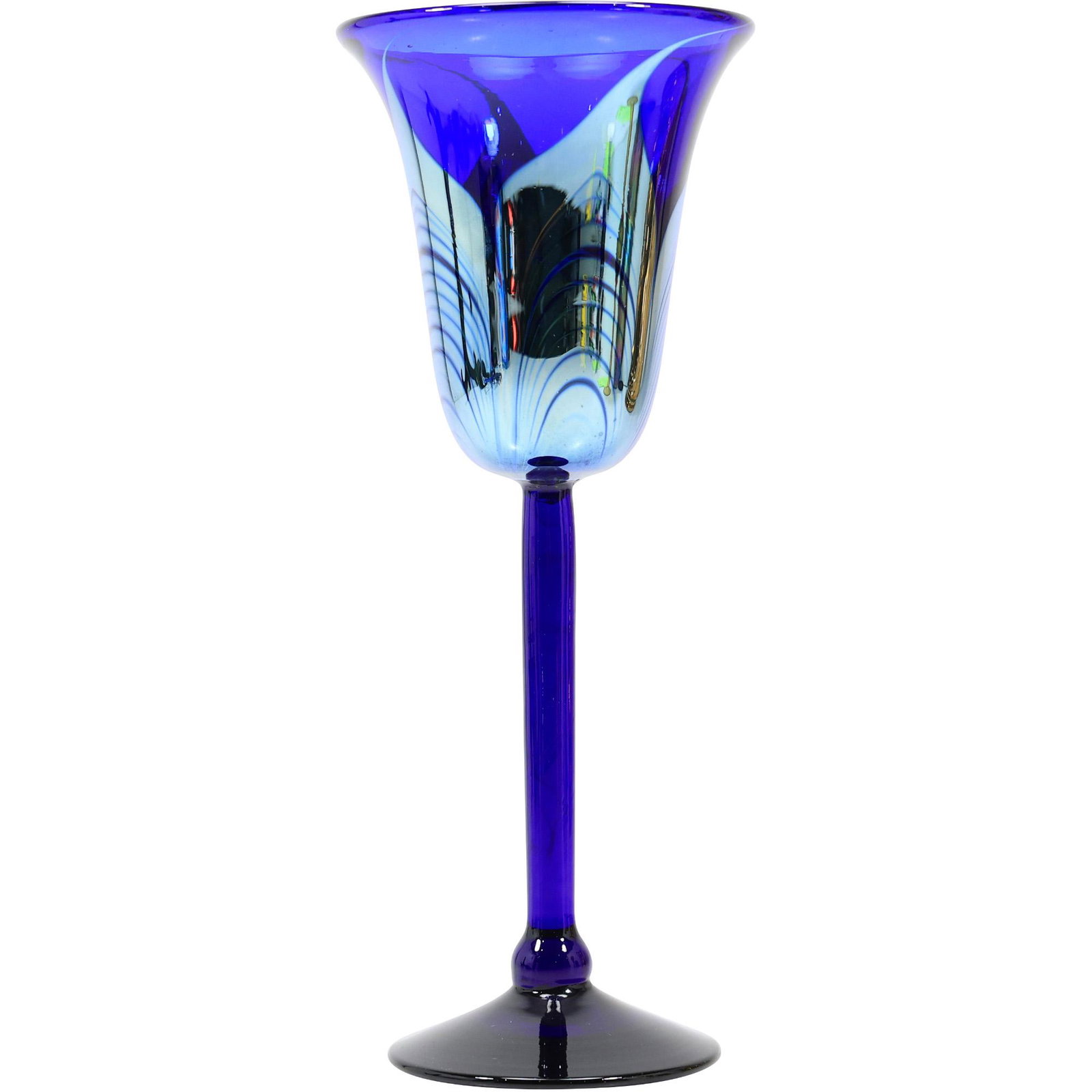 Cobalt Blue Art Glass Chalice Pulled Feather Pattern: Cobalt Blue Art Glass Chalice Pulled Feather Pattern. size: 9.75h 4w