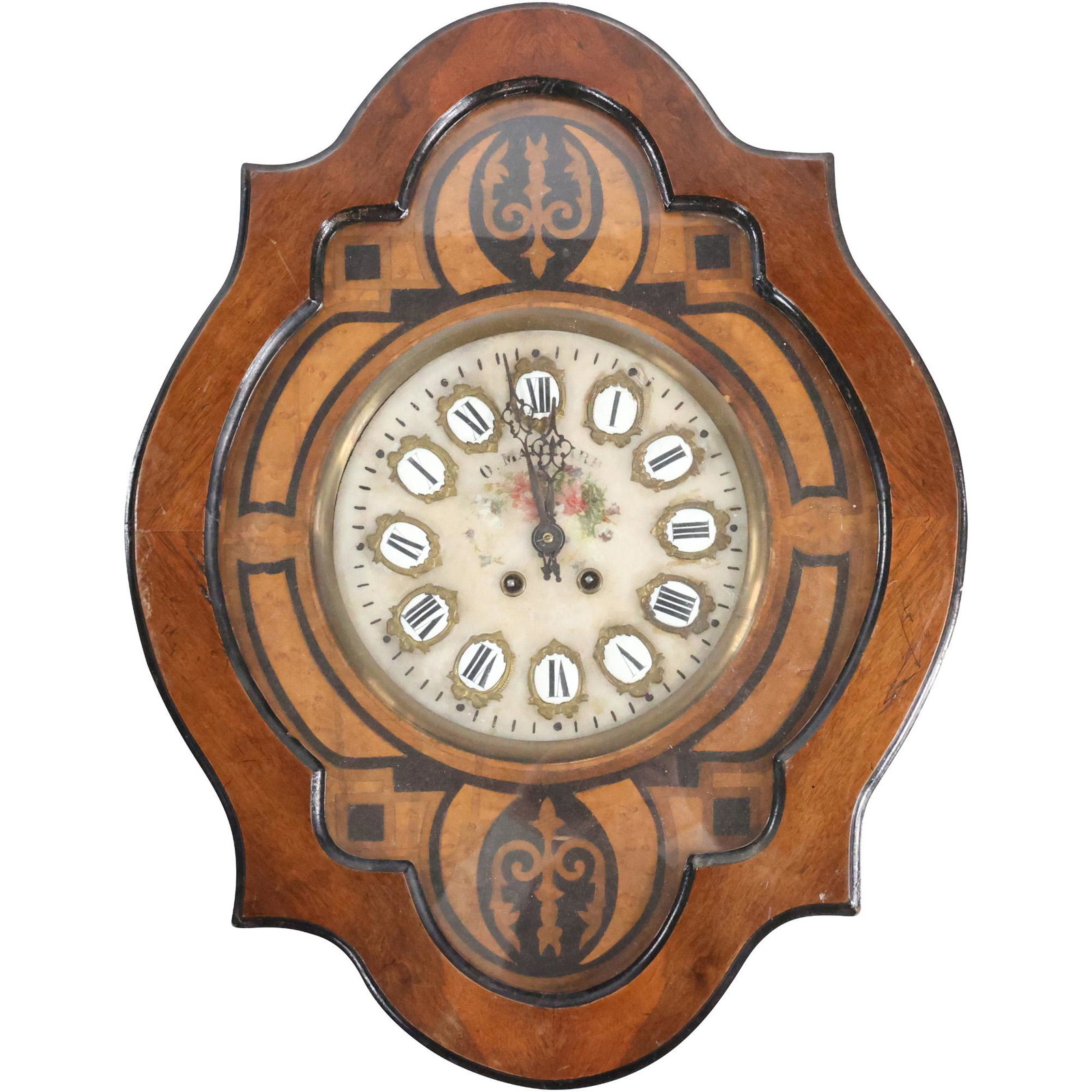Antique 19th C. Wall Clock, Inlaid, Marble Face, Porcelain Numbers, Original Pendulum (1 of 14)