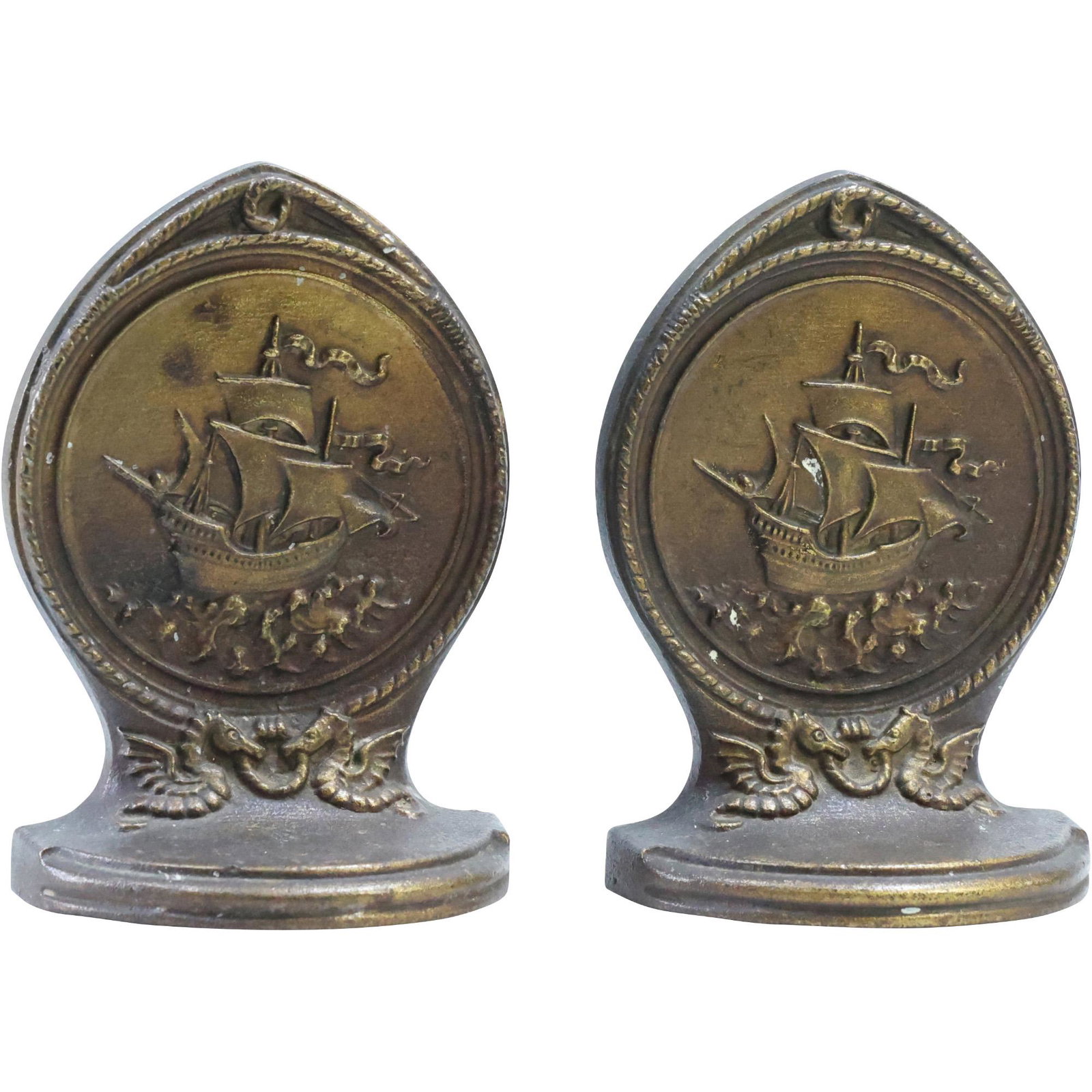 Circa 1920s B&H [Bradley & Hubbard] Cast Iron "Galleon Ship" Bookends, Original Patina (1 of 9)
