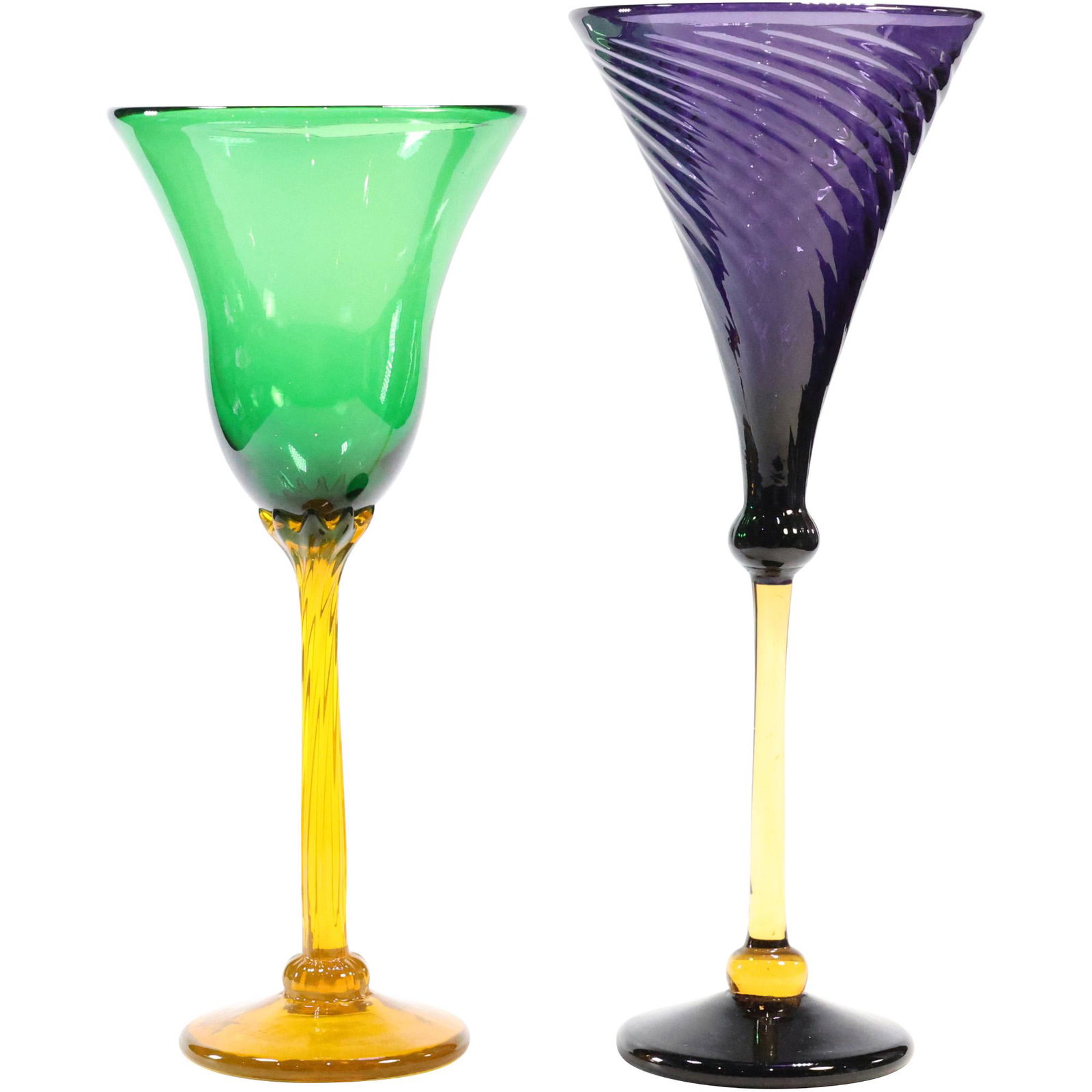 [2] Colored Glass Tall Chalices, One Signed: [2] Colored Glass Tall Chalices, One Signed. size: (10.5 x 4.5), (11.5 x 4.5)