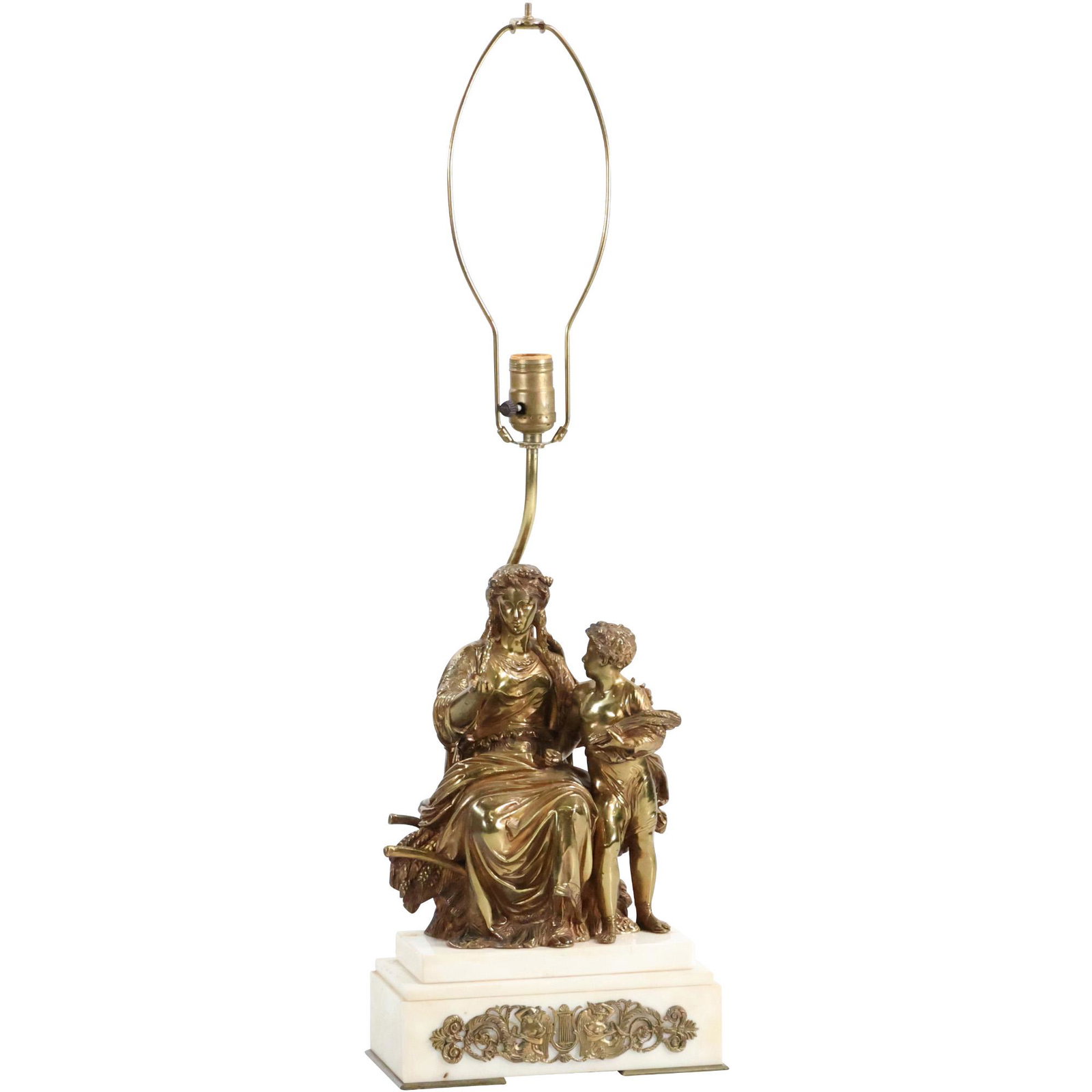 19th C. BRONZE FRENCH EMPIRE LAMP CLASSICAL WOMAN WITH BOY HOLDING WHEAT (1 of 15)