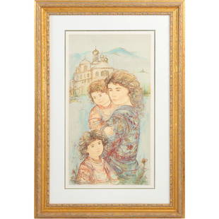 Edna Hibel, Framed Lithograph Mother and Two Children, Signed in Plate: Edna Hibel, Framed Lithograph Mother and Two Children, Signed in Plate. size: 27 x 15 matte, 37.75 x 25.75 outside frame. ASKart: Edna (Hibel) Plotkin (1917 - 2015) was active/lived in Massachusetts,