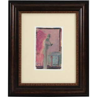 Nathan Oliveira (1928-2010), attributed,  "Standing Figure" Oil on Paper: Nathan Oliveira (1928-2010), attributed, "Standing Figure" Oil on Paper, Framed. Listed American Artist. size: 8 x 5, 18.5 x 15.5 outside frame