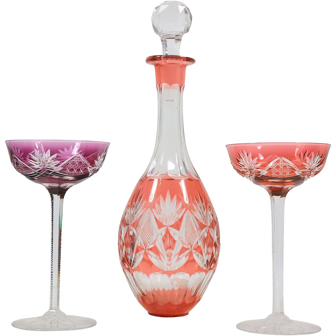 Bohemian Cut to Clear Color Crystal Decanter and 2 Tasting Stemware Glasses (1 of 19)