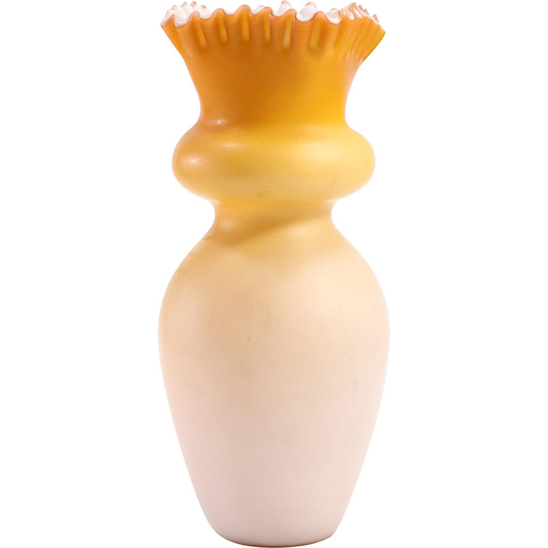 Antique Burmese Glass Amber to White Vase Ruffled Top Rim, Pontil Base: Antique Burmese Glass Amber to White Vase Ruffled Top Rim, Pontil Base. size: 8.75 x 3.75