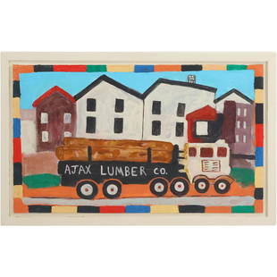 after William Hawkins, unsigned, American Folk Art AJAX Lumber Co Oil Painting: after William Hawkins, unsigned, American Folk Art AJAX Lumber Co Oil Painting. size: 14.25 x 23, 15.75 x 24.75 outside frame. ASKart: William L. Hawkins (1895 - 1990) was active/lived in Kentucky. Wi