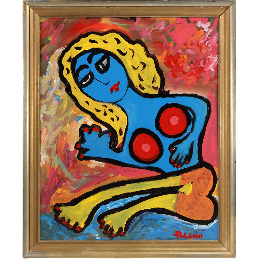 Thomas Pulgini, American, Oil on Board Painting ABSTRACT BLUE WOMAN: Thomas Pulgini, American, Oil on Board Painting ABSTRACT BLUE WOMAN. Signed, Framed, Well Listed American Artist. size: 32.25 x 25.75, 36.5 x 30 outside frame. ASKart: Thomas Pulgini, Born 1965 in Wil