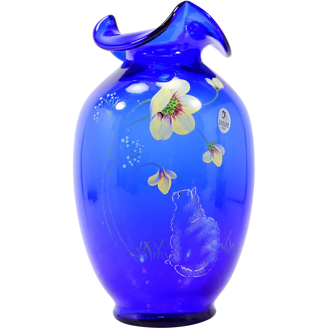 FENTON Cobalt Blue Vase with Hand Painted Flowers - Original Label, Artist Signed on base (1 of 15)