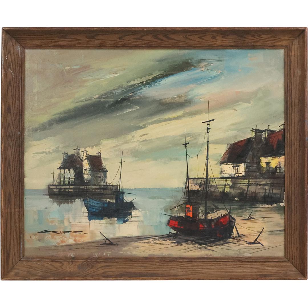 M Edward Griff, Mid-Century Modern Fishing Boats in Harbor, Oil/c Signed GRIFF (1 of 12)