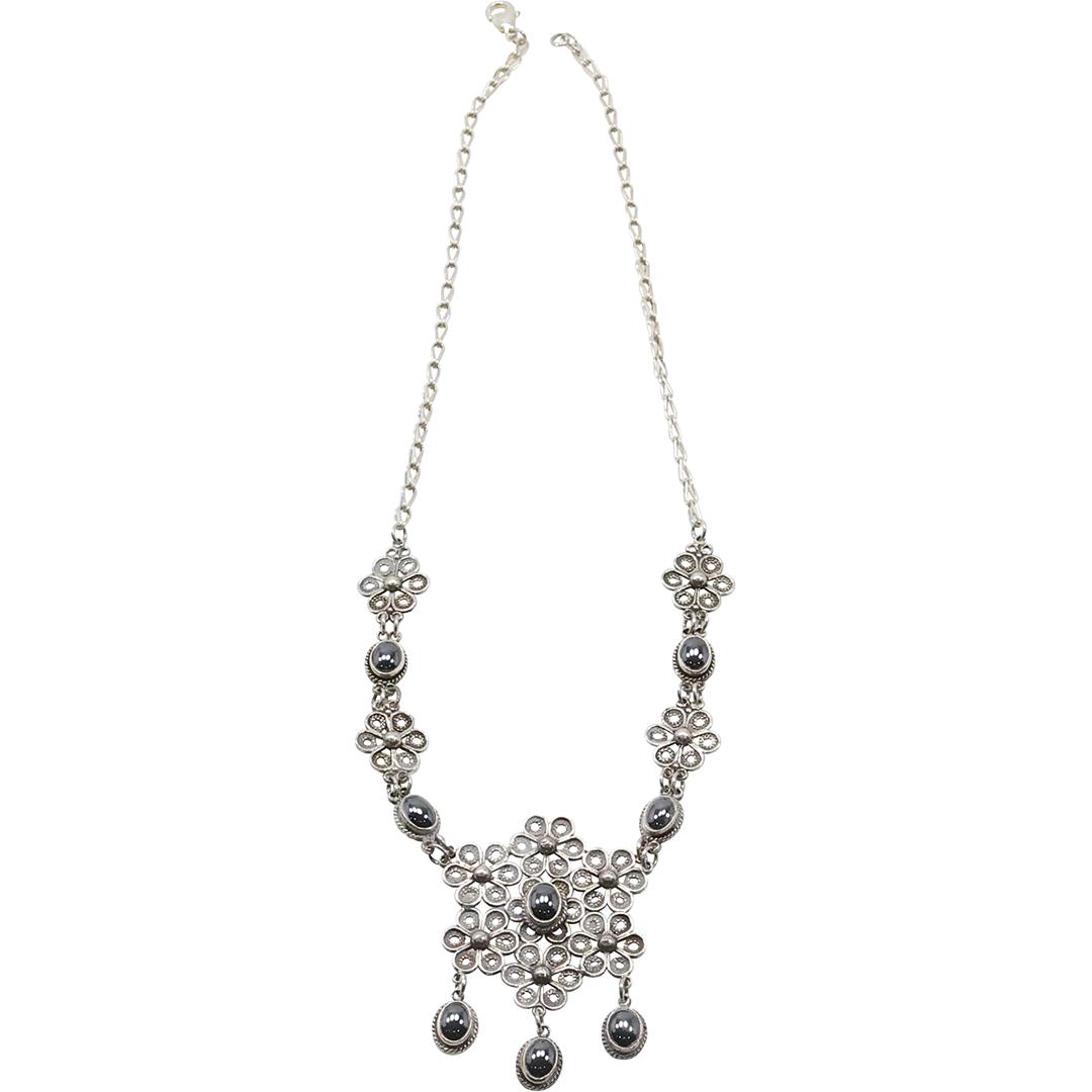 .925 Sterling Silver Hematite Necklace Floral Petal Design 19 in. x 2 1/4 in.: .925 Sterling Silver Hematite Necklace Floral Petal Design 19 in. x 2 1/4 in.