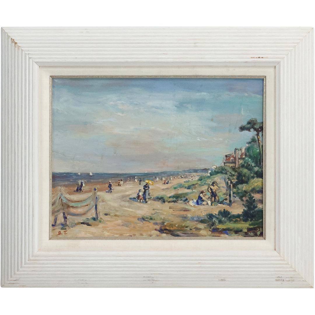 Signed initials:  B. T., Fine Impressionism Figures at The Beach Vintage Oil Painting (1 of 12)