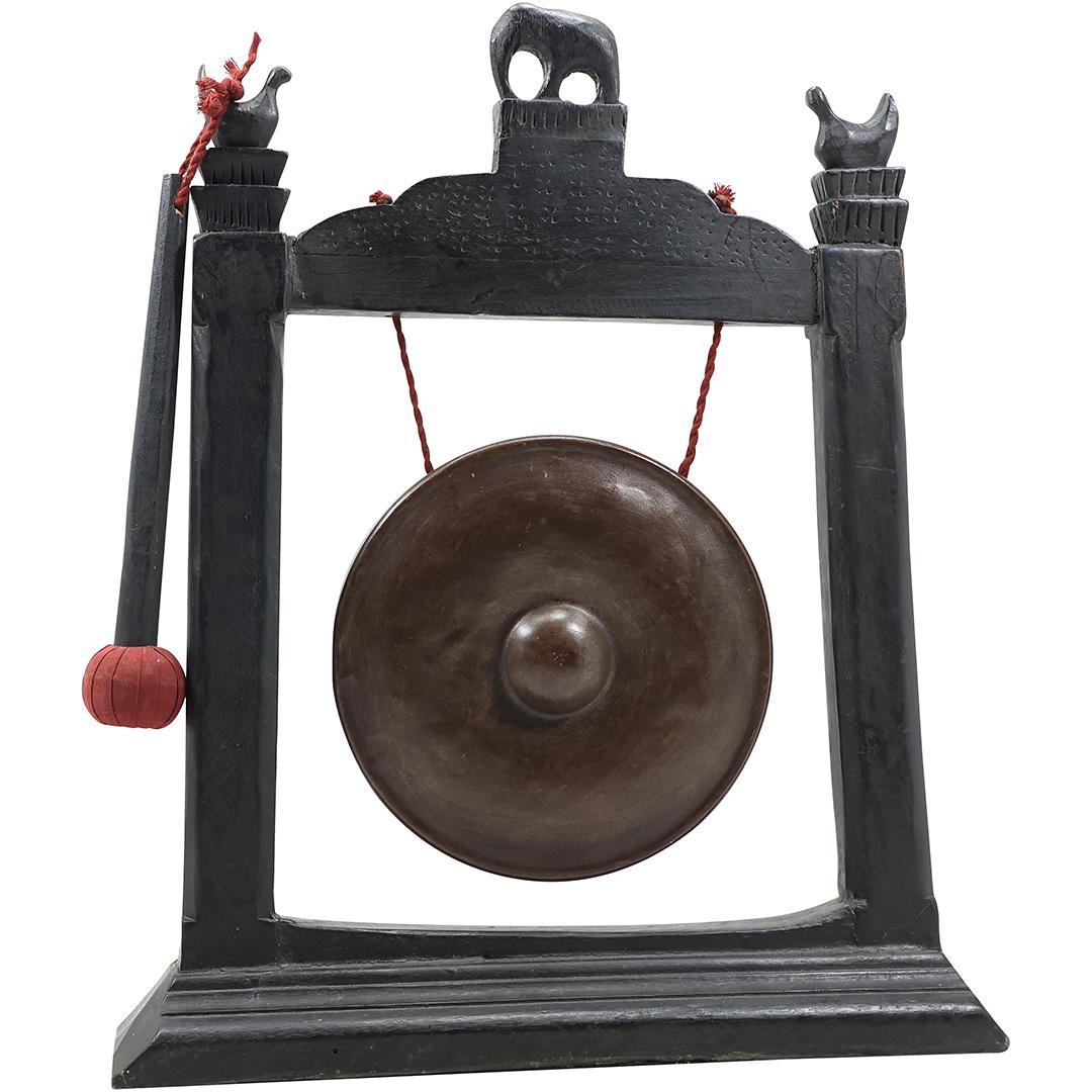 Asian Teak Wood Framed Brass NIPPLE GONG with Mallet: Asian Teak Wood Framed Brass NIPPLE GONG with Mallet. size: 18h 14w