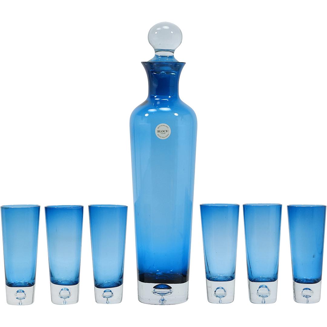 BLOCK Blue Glass Liquor Decanter with 6 Matching Blue Glass Cordials - Original Label (1 of 15)