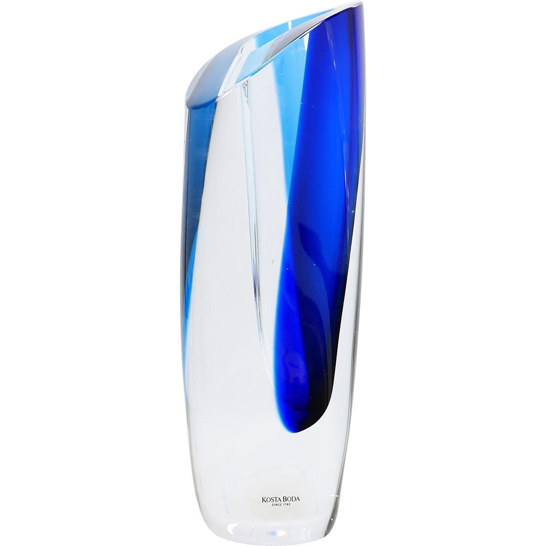 GORAN WARFF for KOSTA BODA Blue and Clear Crystal Art Glass Vase, Original Label: GORAN WARFF for KOSTA BODA Blue and Clear Crystal Art Glass Vase, Original Label. size: 11h 4w